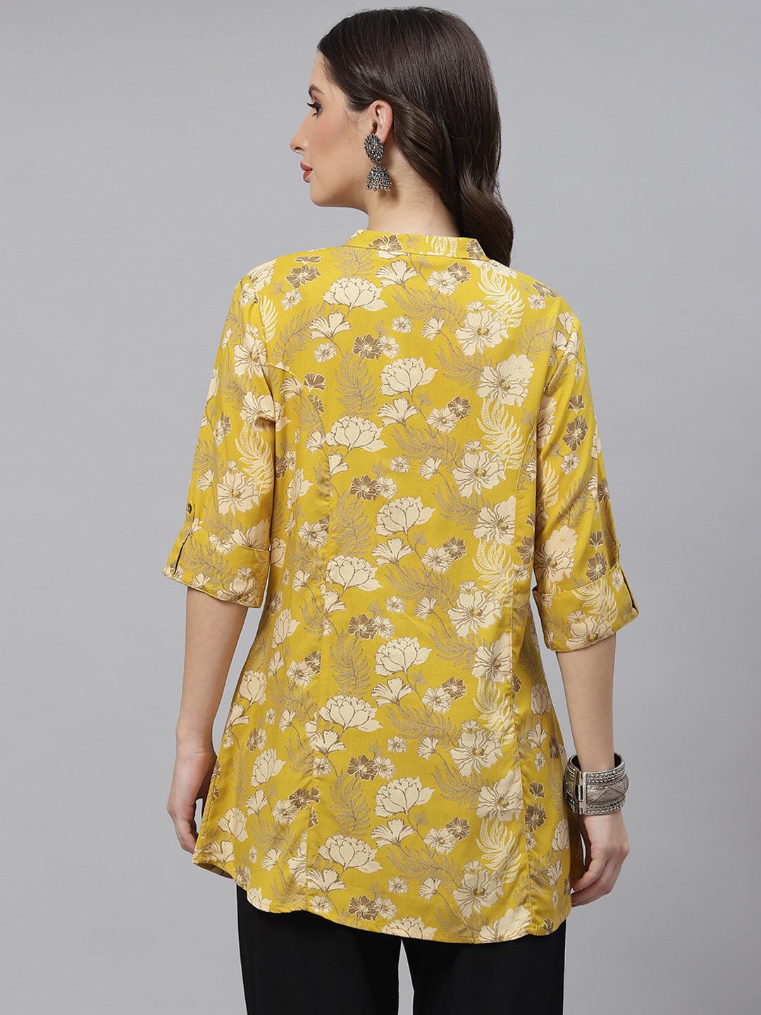 Women's Mustard Floral Rayon A-lineTop - Taantav