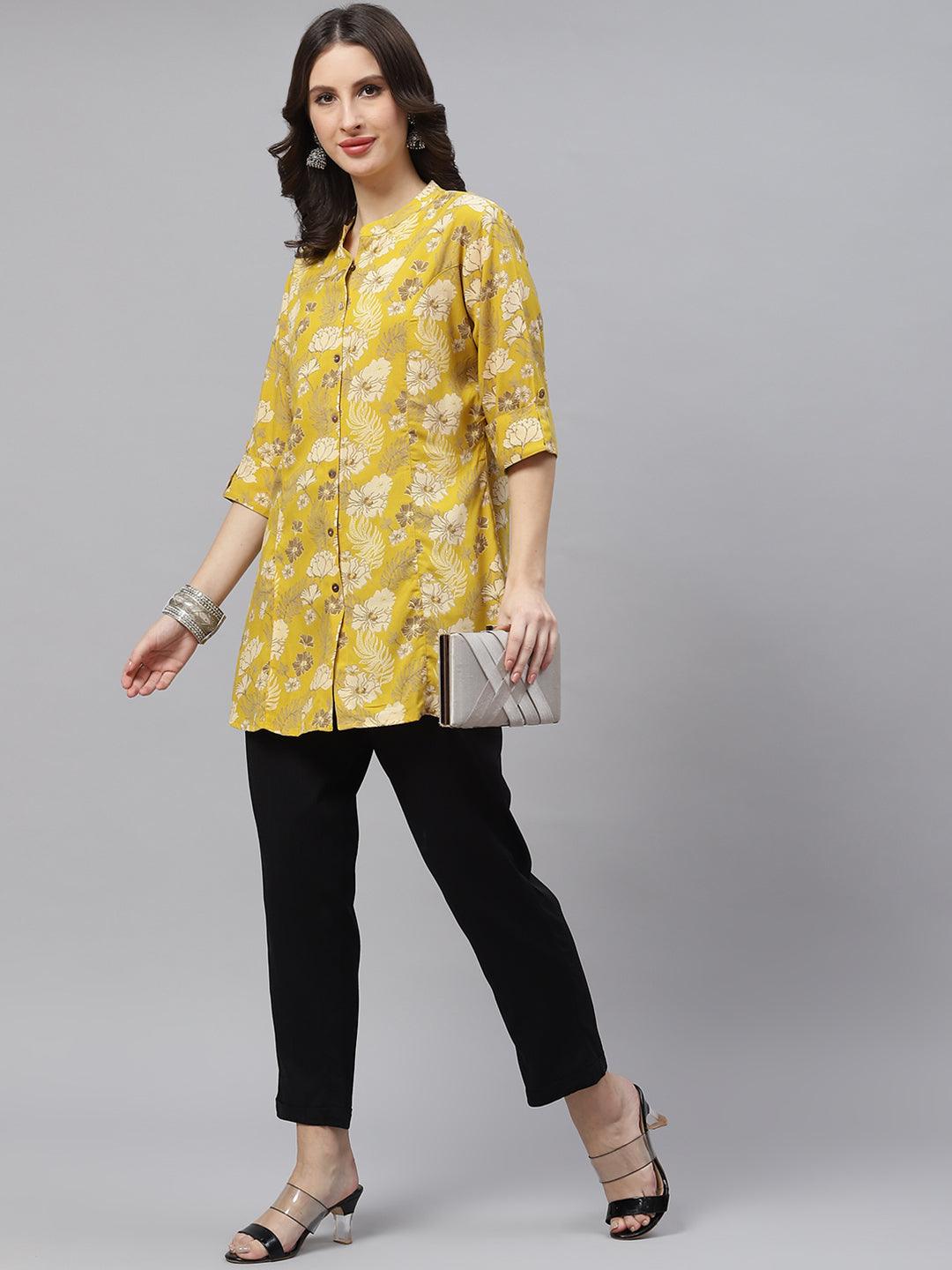 Women's Mustard Floral Rayon A-lineTop - Taantav