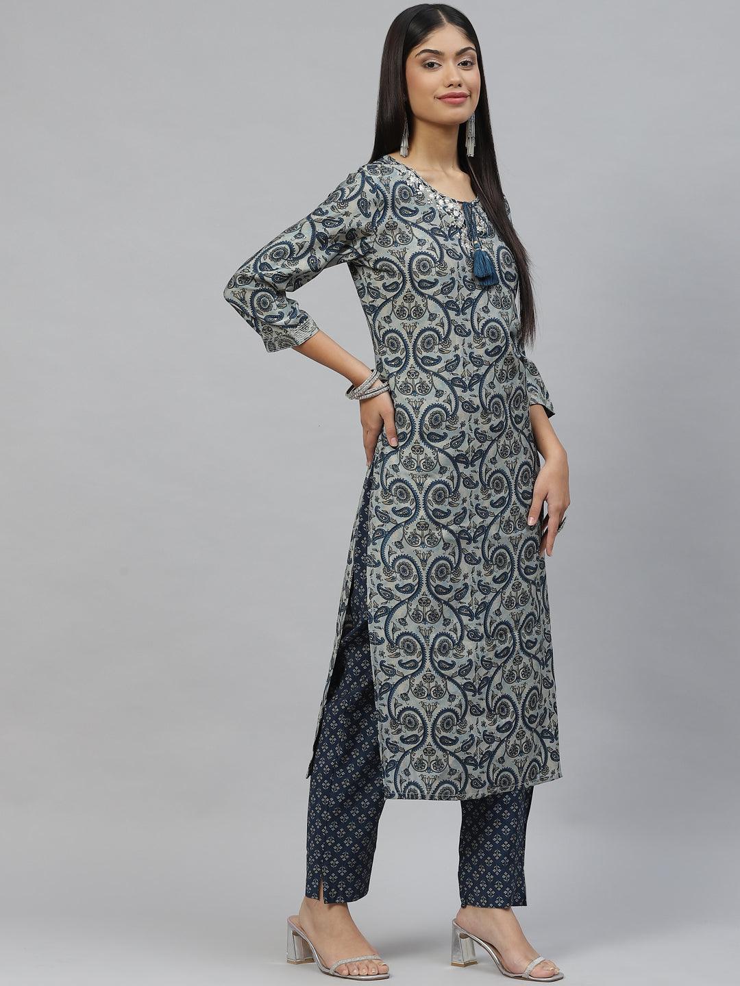 Women's Blue Ethnic Motif Muslin straight Kurta Pant Set with Dupatta - Taantav