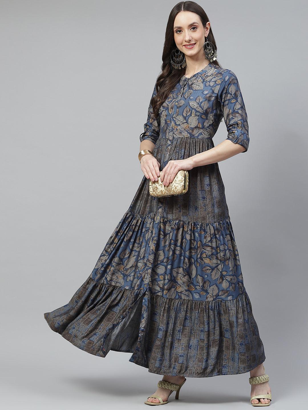 Women's Blue Muslin Tiered with Gathered Kurta with Front Slits - Taantav