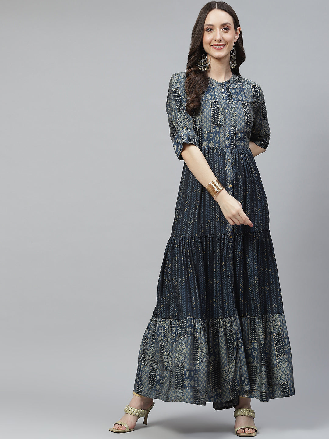 Women's Blue Muslin Tiered with Gathered Kurta - Taantav