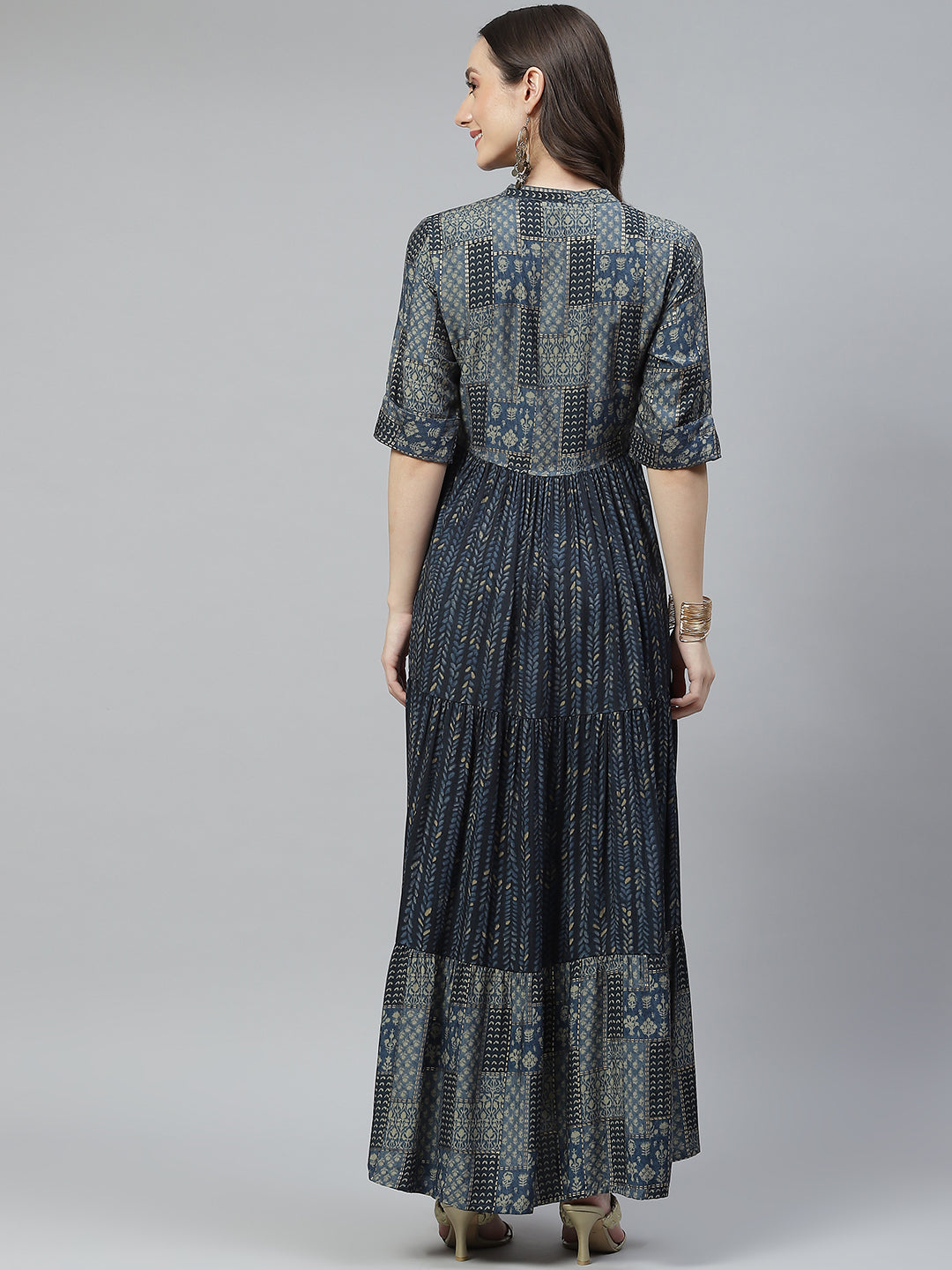 Women's Blue Muslin Tiered with Gathered Kurta - Taantav