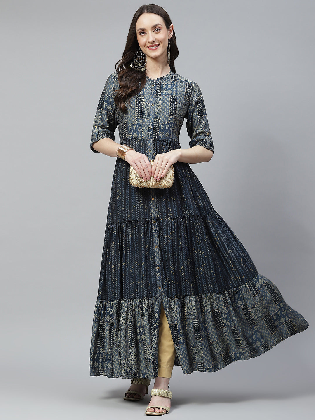 Women's Blue Muslin Tiered with Gathered Kurta - Taantav