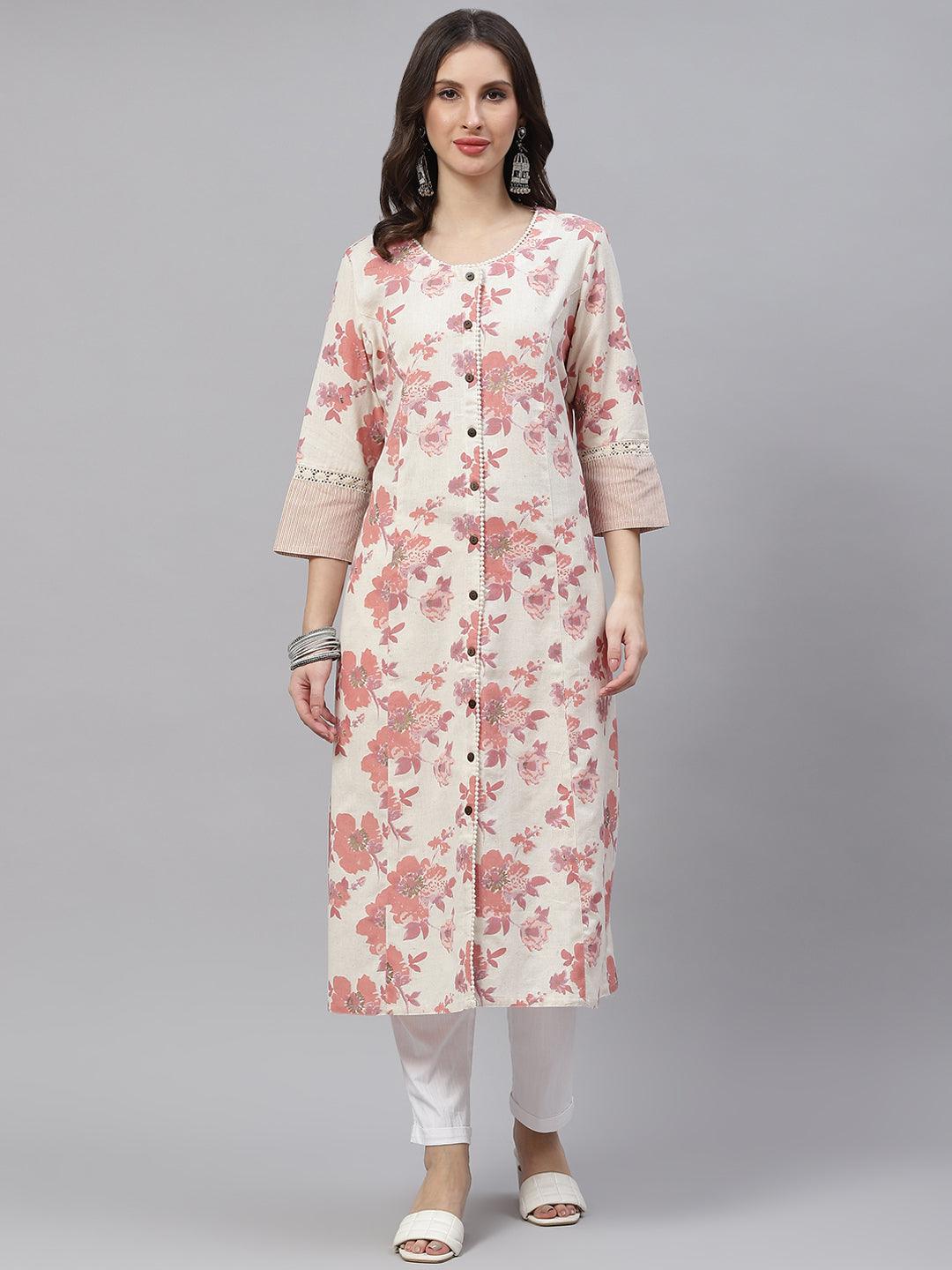 Women's Cream Floral cotton flex A-Line Kurta - Taantav