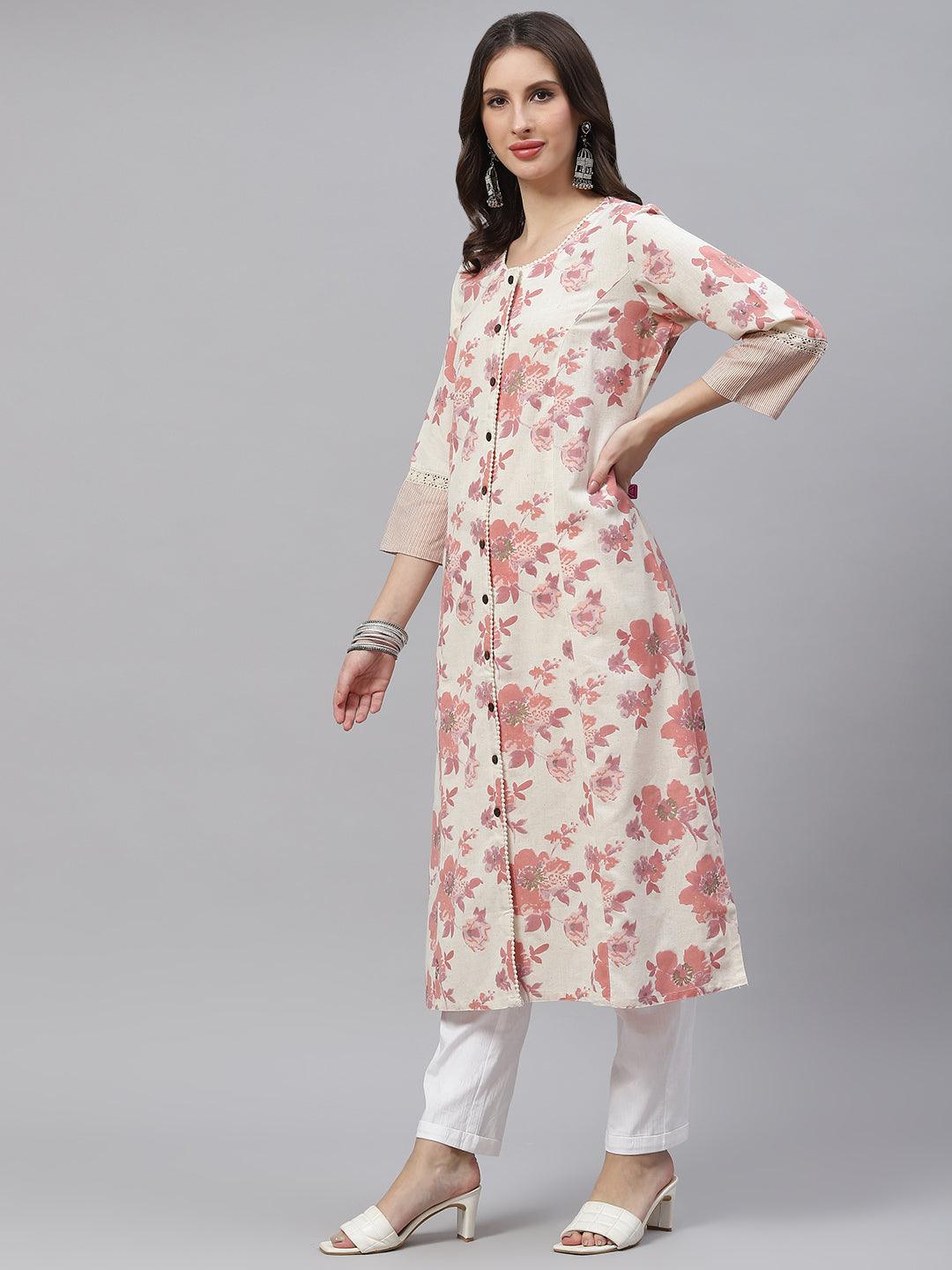 Women's Cream Floral cotton flex A-Line Kurta - Taantav