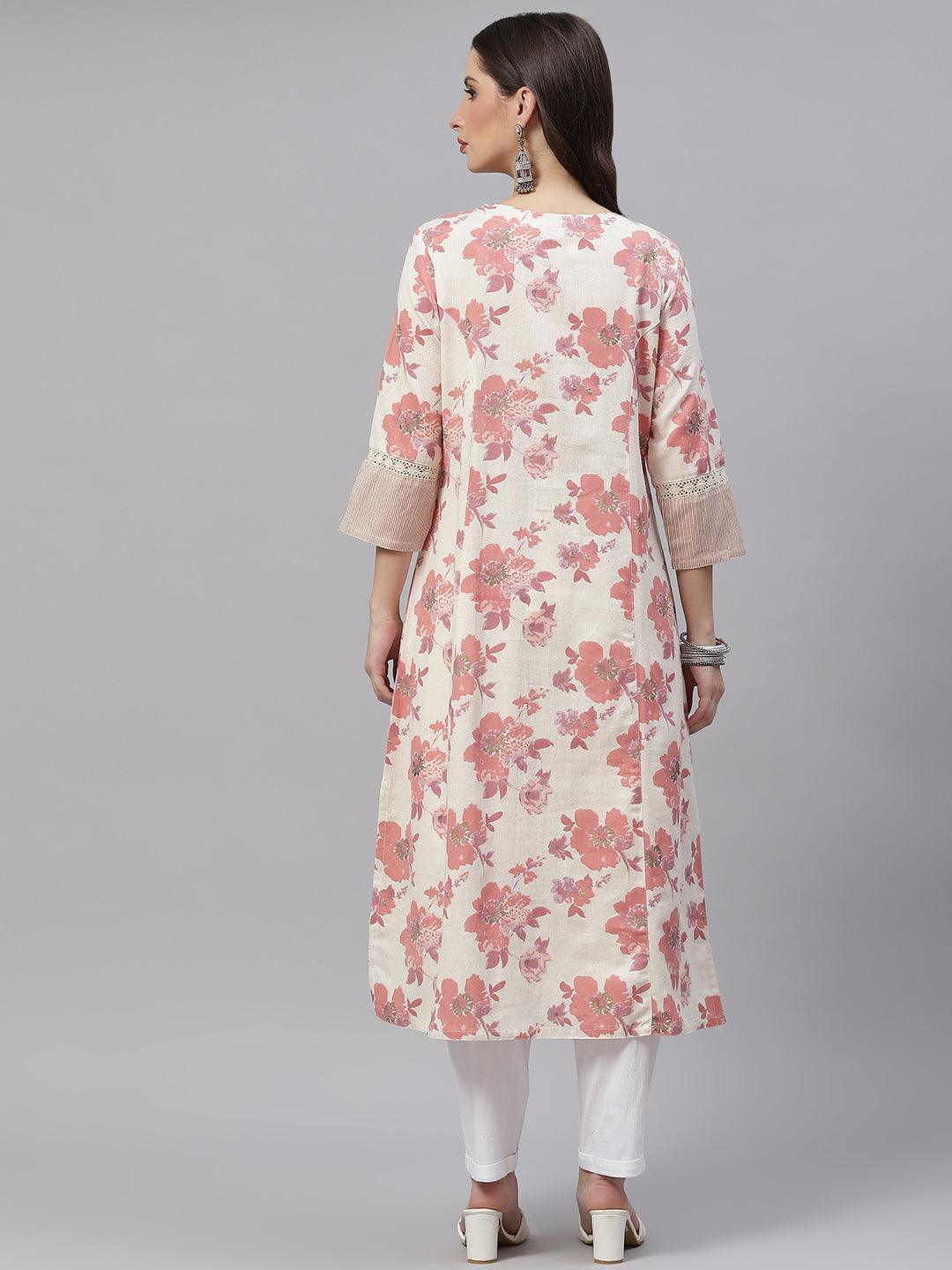 Women's Cream Floral cotton flex A-Line Kurta - Taantav