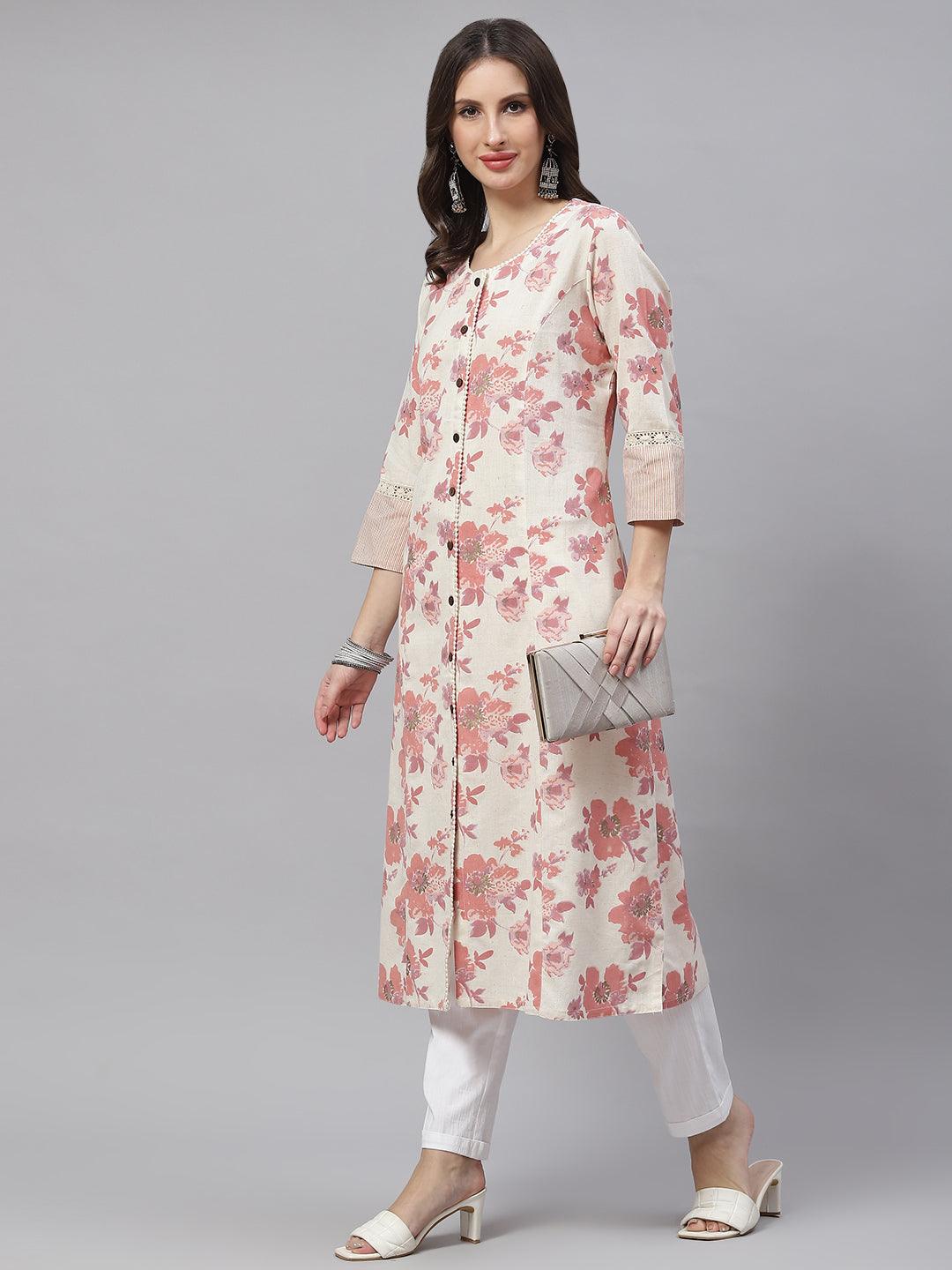 Women's Cream Floral cotton flex A-Line Kurta - Taantav