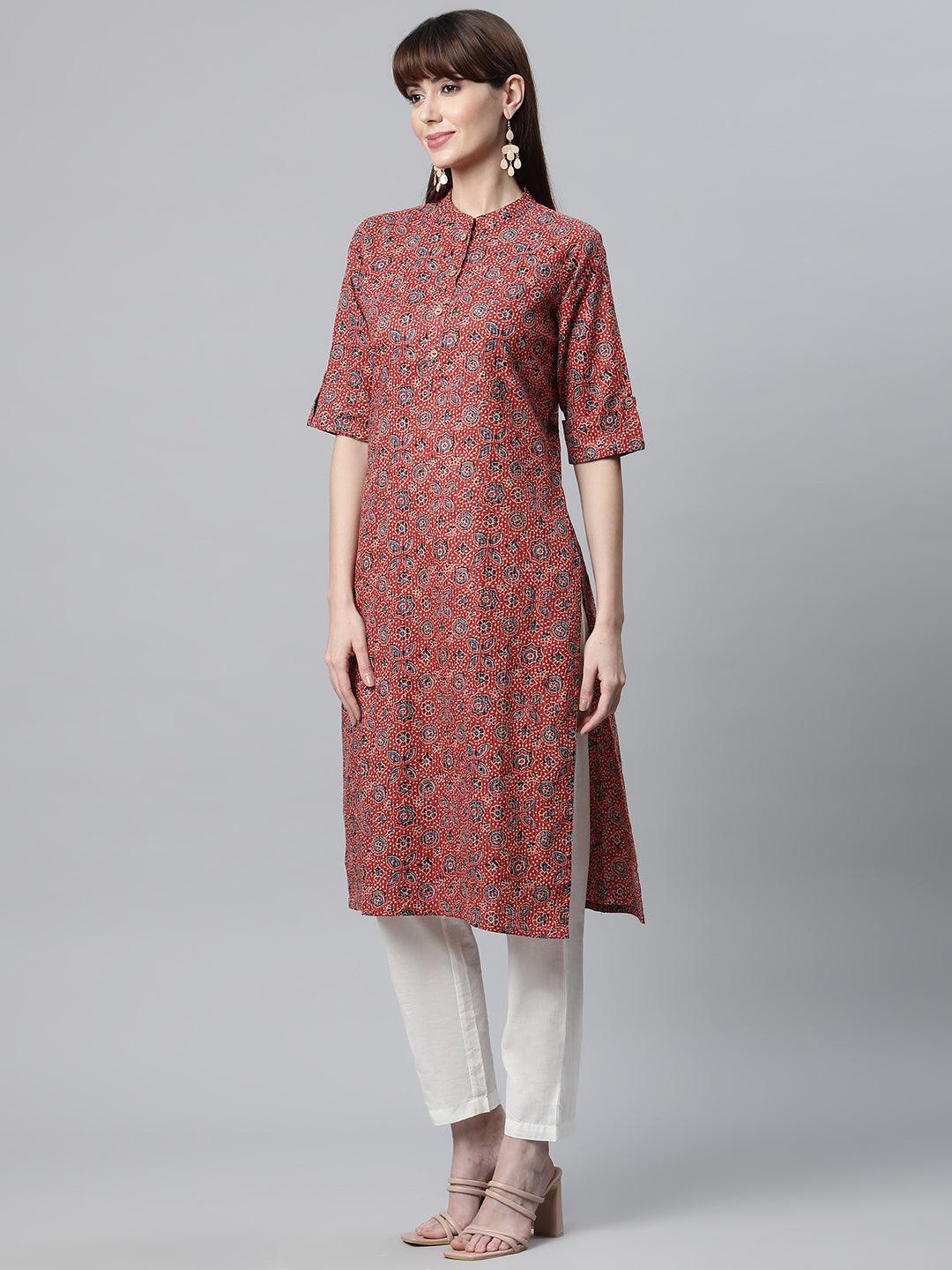 Women's Red and Blue Cotton Straight Kurta - Taantav