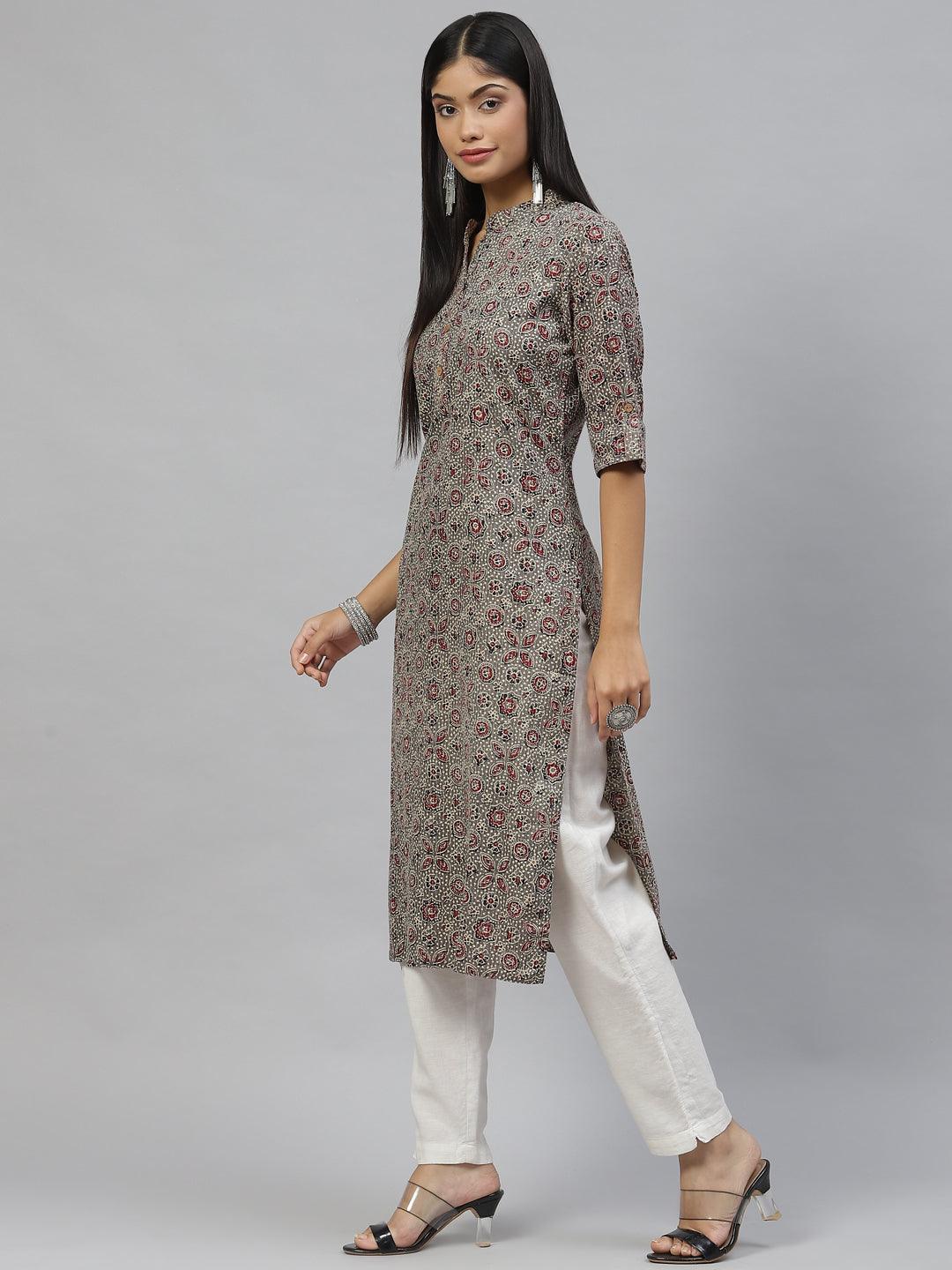 Women's Dark Gray and Maroon Cotton Straight Kurta - Taantav