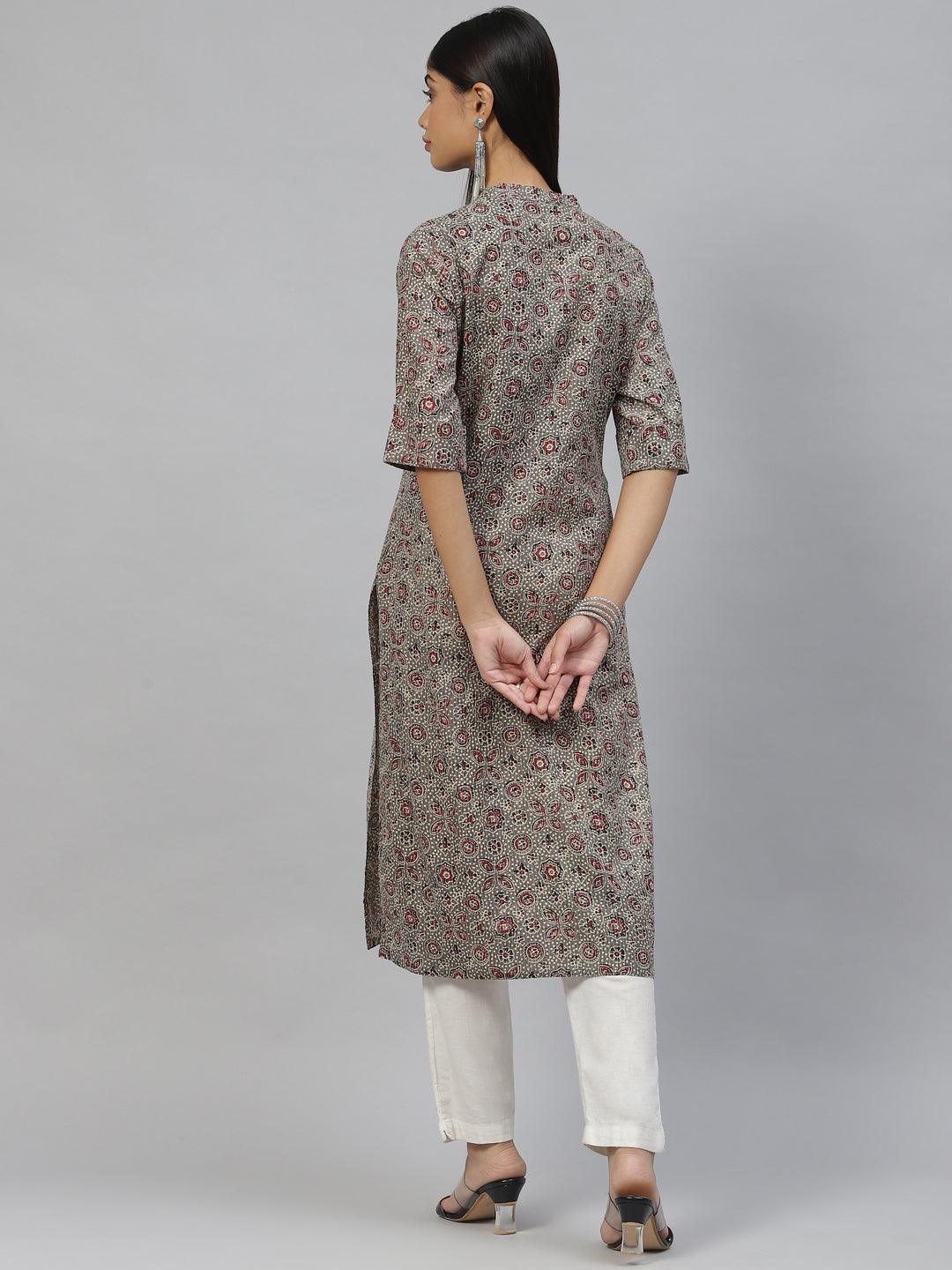 Women's Dark Gray and Maroon Cotton Straight Kurta - Taantav