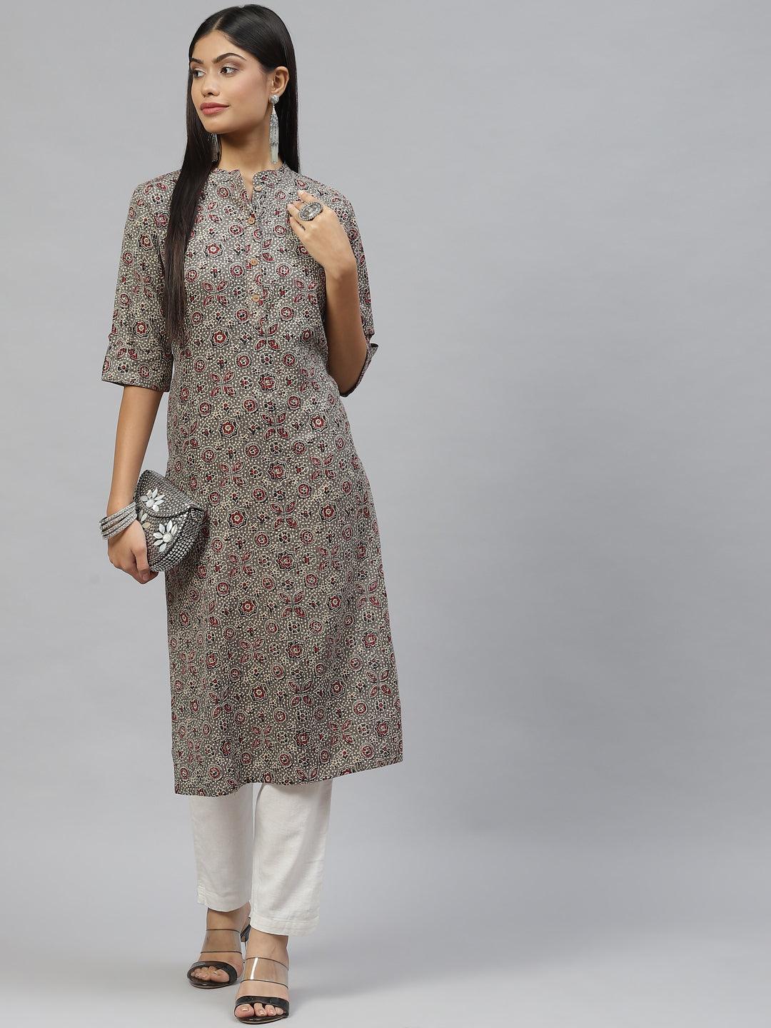 Women's Dark Gray and Maroon Cotton Straight Kurta - Taantav