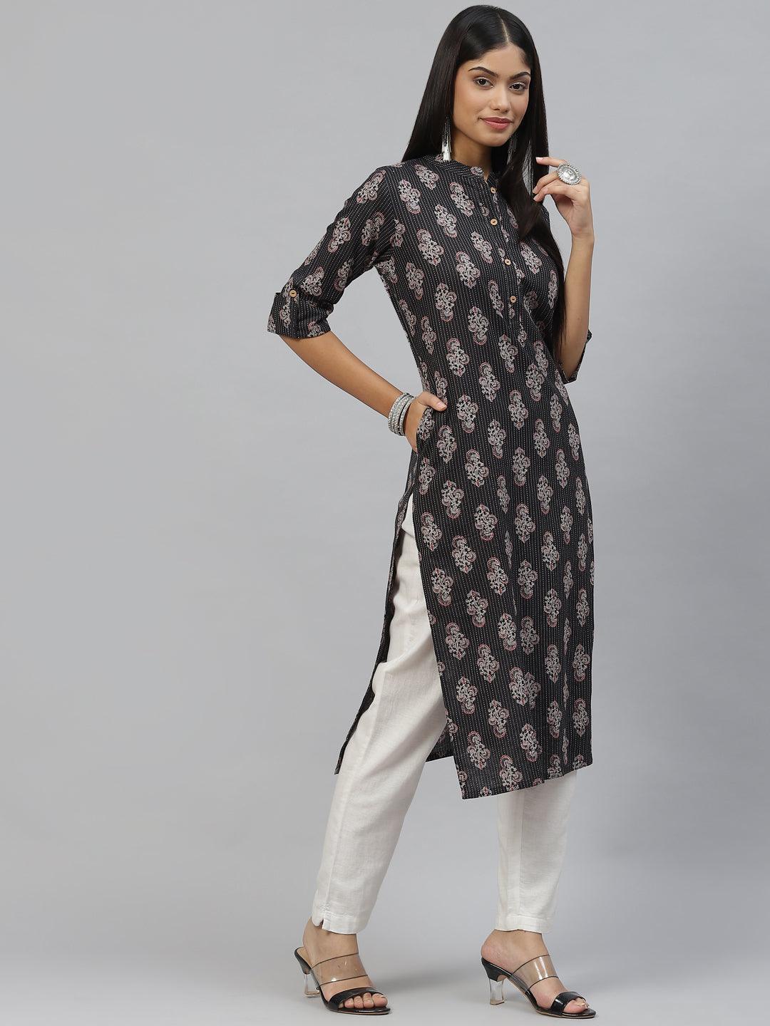 Women's Black and Grey Cotton Straight Kurta - Taantav