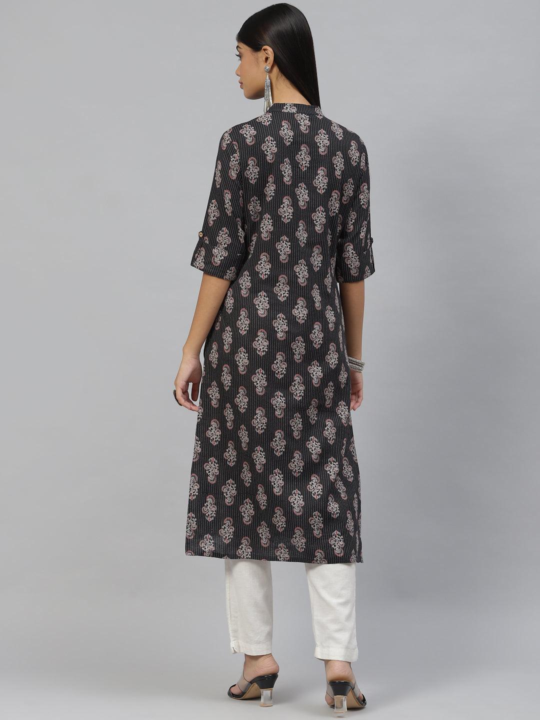 Women's Black and Grey Cotton Straight Kurta - Taantav