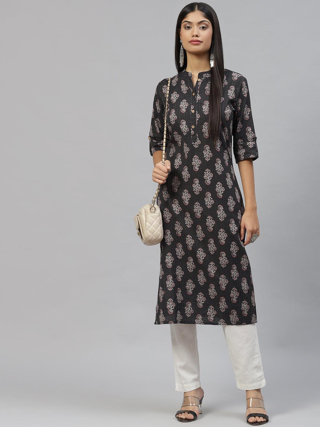 Women's Black and Grey Cotton Straight Kurta - Taantav