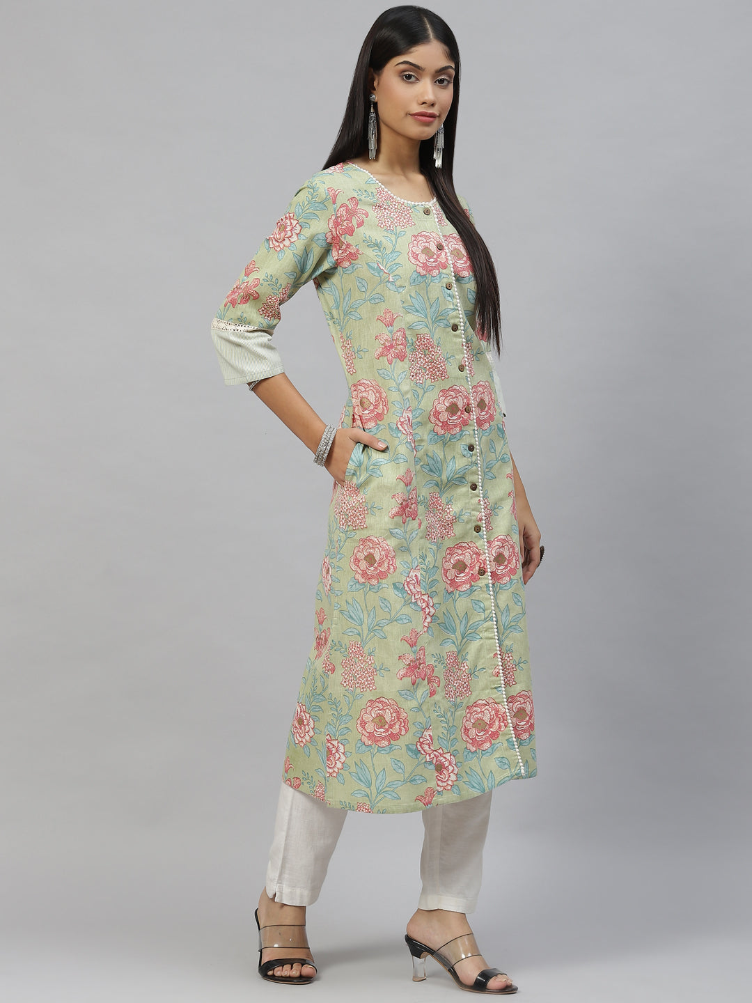 Women's Olive Floral Cotton Flex A-Line Kurta - Taantav