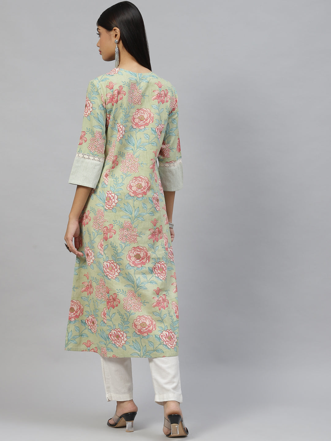 Women's Olive Floral Cotton Flex A-Line Kurta - Taantav