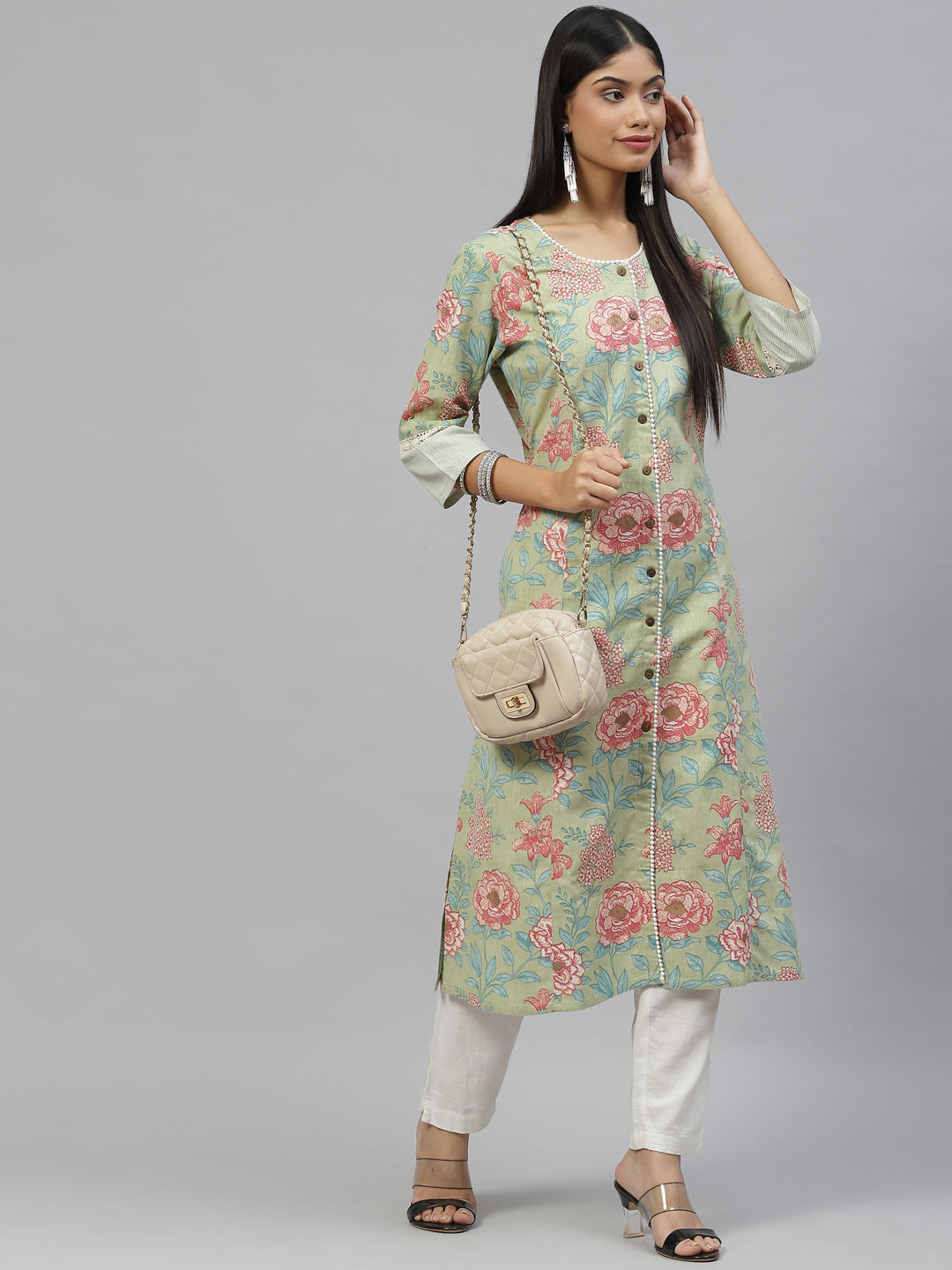 Women's Olive Floral Cotton Flex A-Line Kurta - Taantav