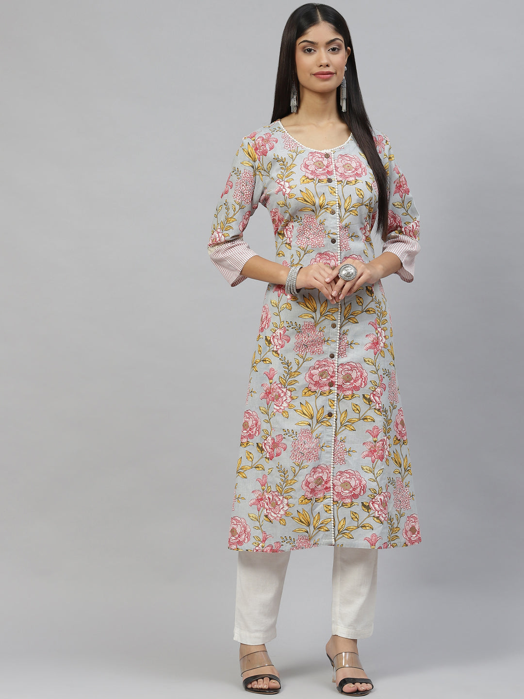 Women's Sky Blue Floral Cotton Flex A-line Kurta - Taantav