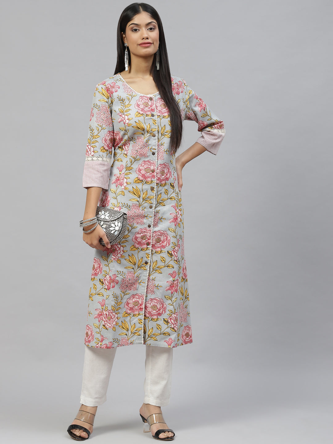 Women's Sky Blue Floral Cotton Flex A-line Kurta - Taantav