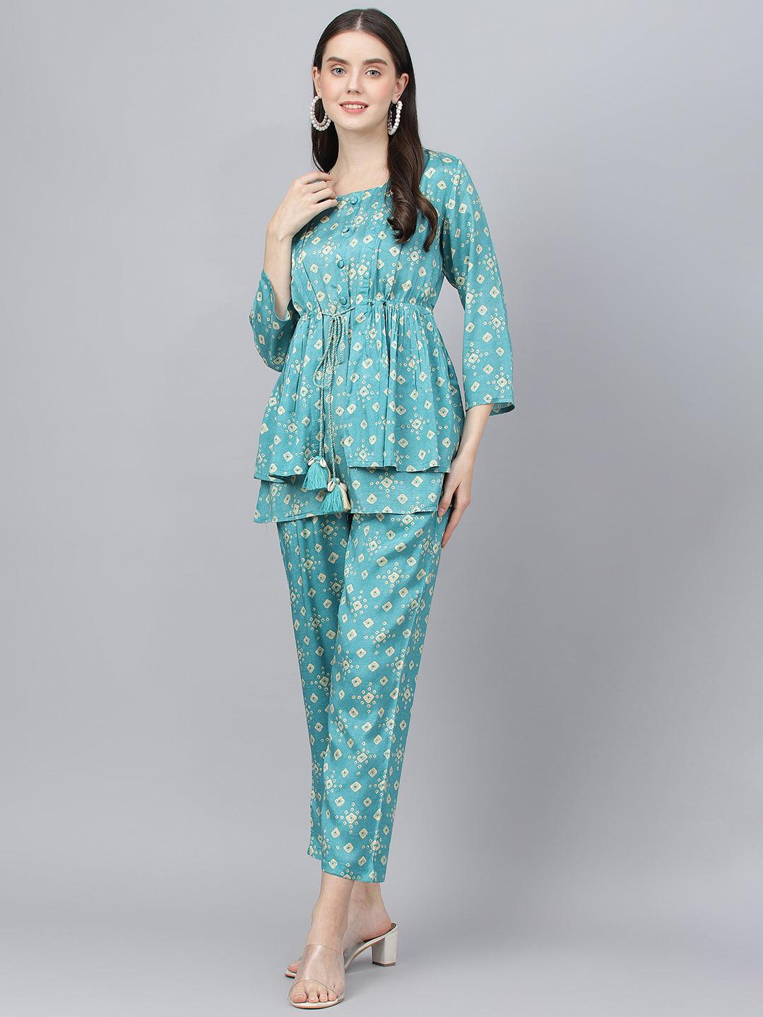 Women's Bandhani Teal Muslin Three Piece Top Pant Set with Peplum Jacket - Taantav