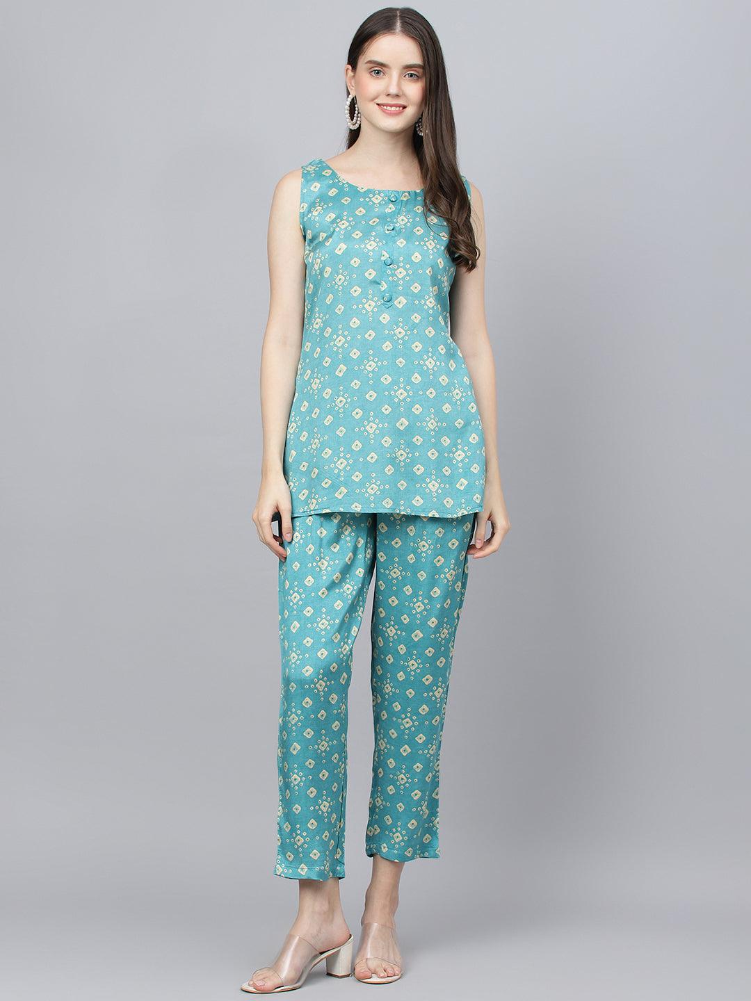 Women's Bandhani Teal Muslin Three Piece Top Pant Set with Peplum Jacket - Taantav