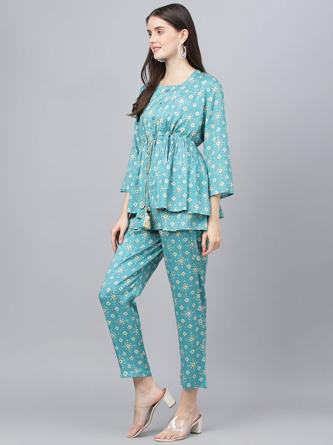 Women's Bandhani Teal Muslin Three Piece Top Pant Set with Peplum Jacket - Taantav