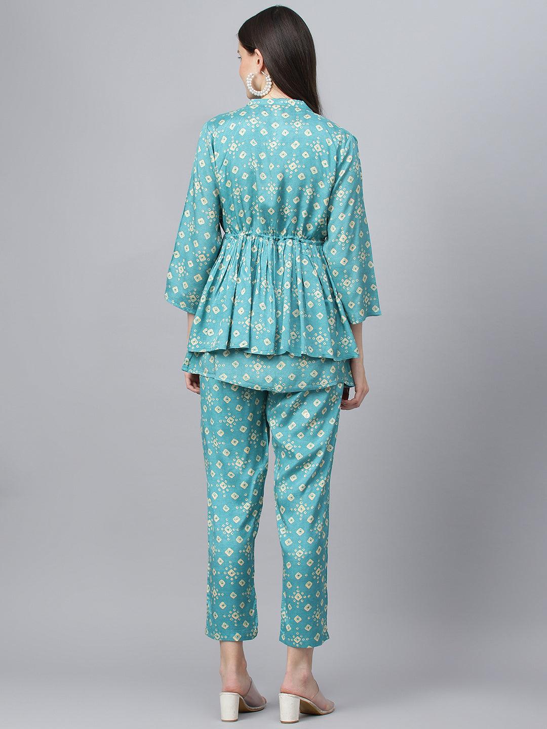 Women's Bandhani Teal Muslin Three Piece Top Pant Set with Peplum Jacket - Taantav