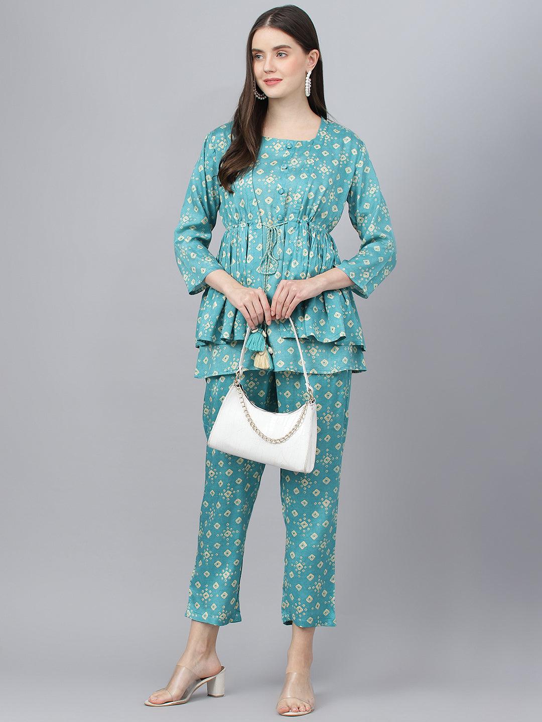 Women's Bandhani Teal Muslin Three Piece Top Pant Set with Peplum Jacket - Taantav