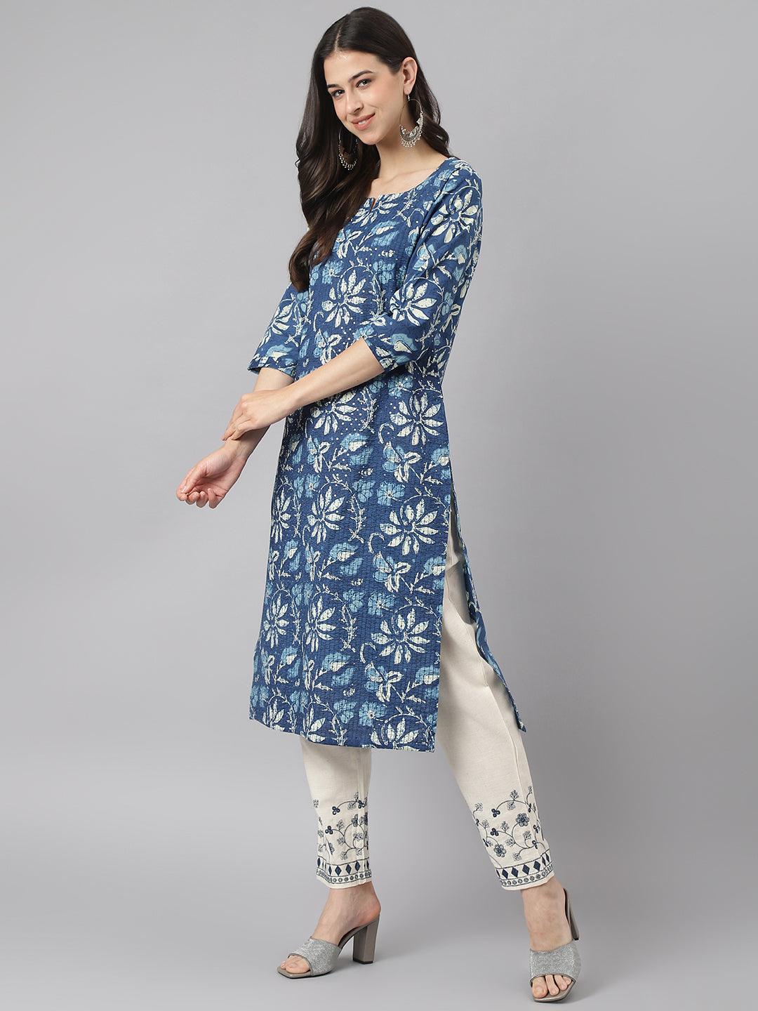 Women's Indigo Floral Cotton Kurta pant Set with Dupatta - Taantav