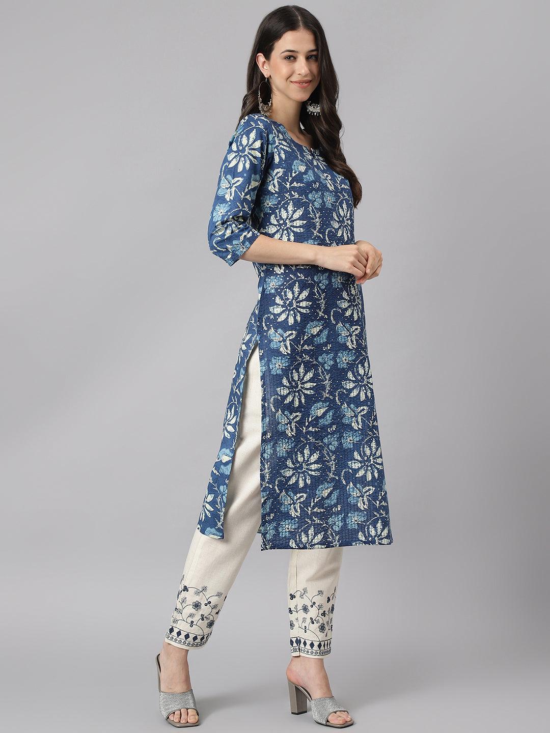 Women's Indigo Floral Cotton Kurta pant Set with Dupatta - Taantav