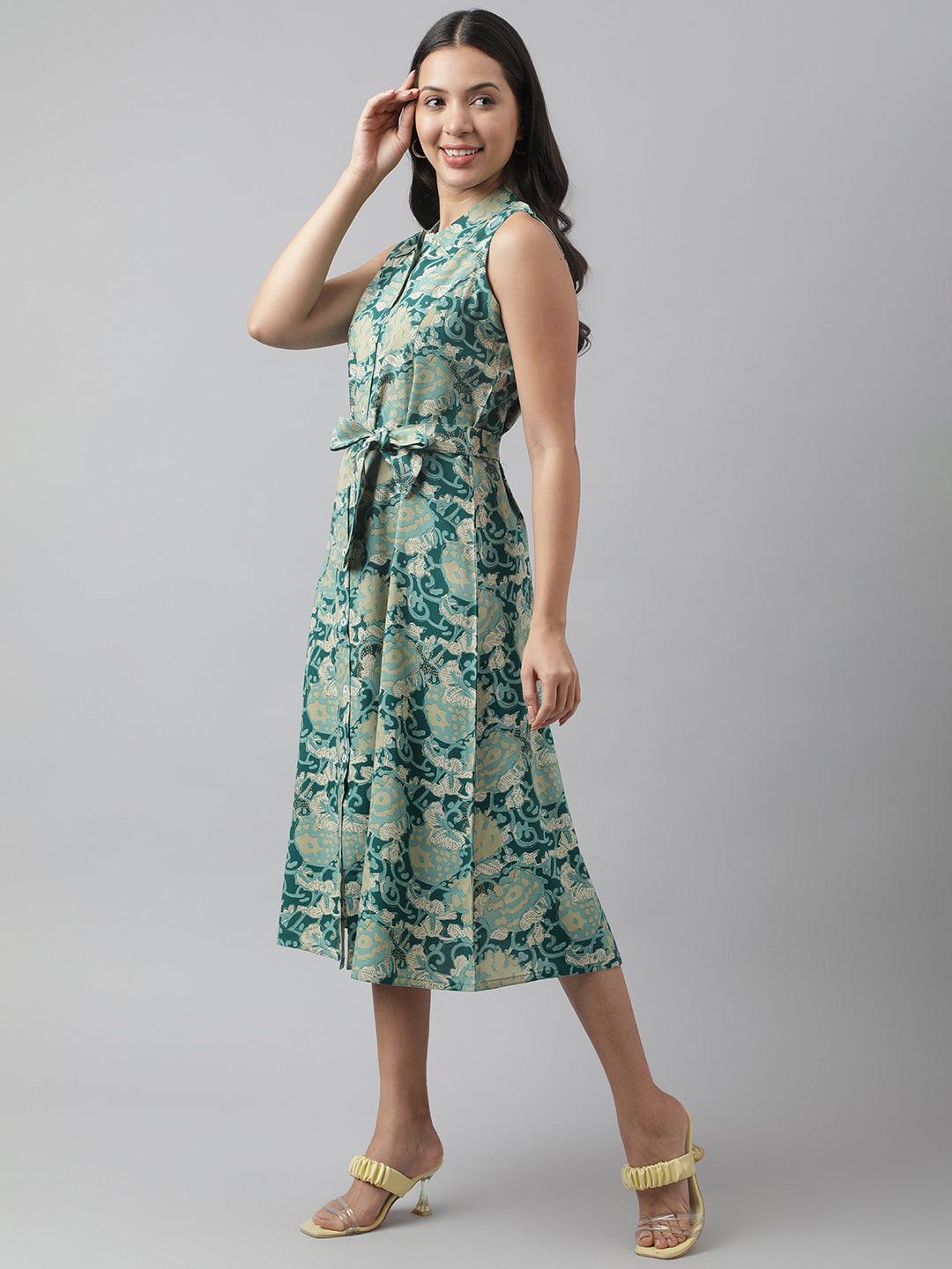 Women's Rayon Light Green A-Line Floral Printed Midi Dress - Taantav