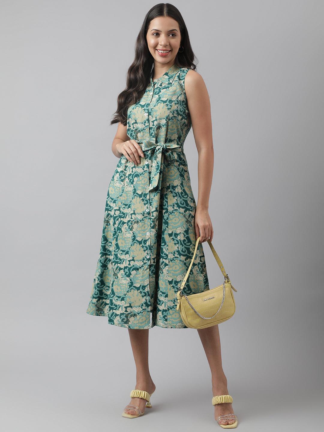 Women's Rayon Light Green A-Line Floral Printed Midi Dress - Taantav