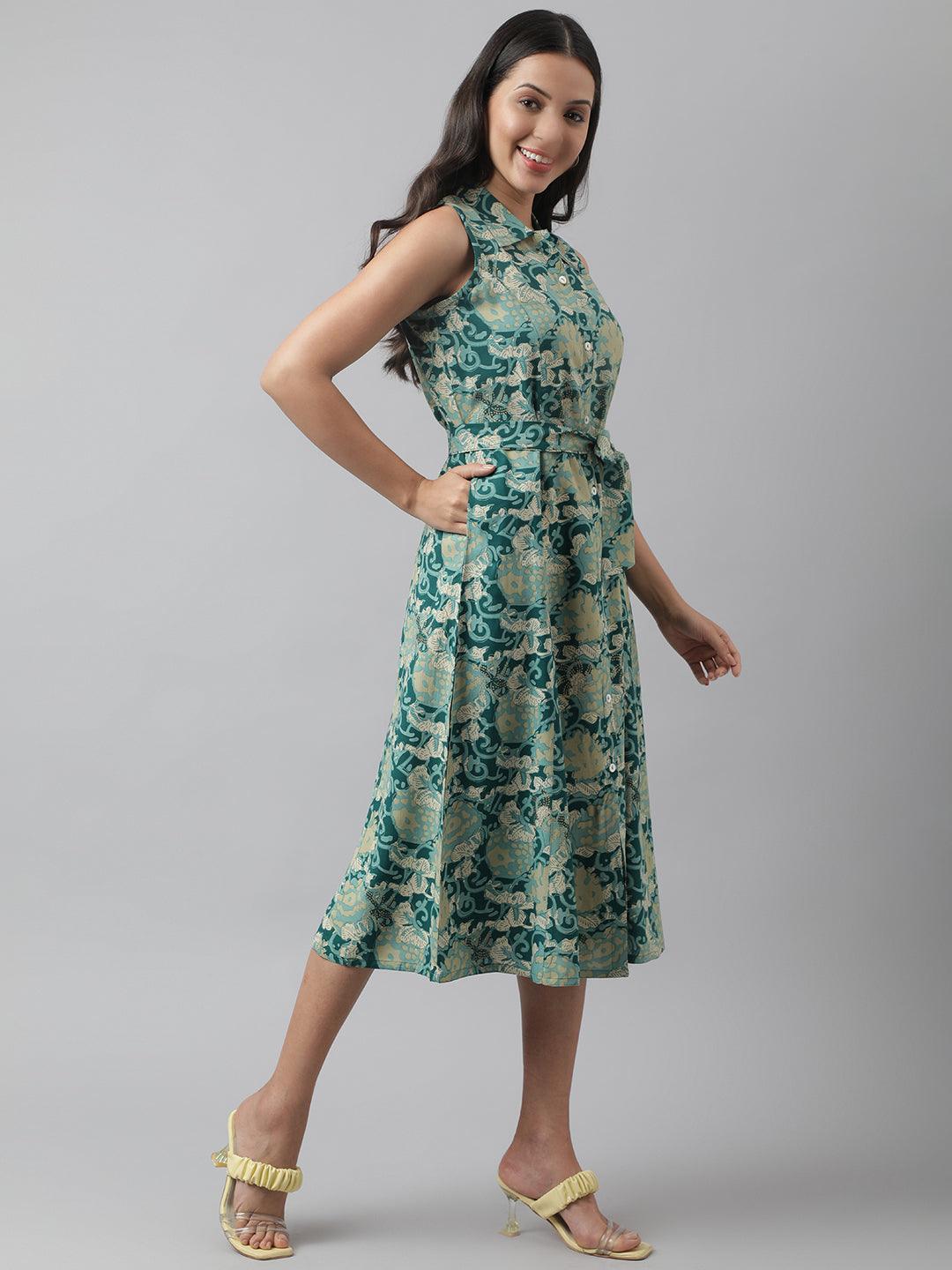 Women's Rayon Light Green A-Line Floral Printed Midi Dress - Taantav