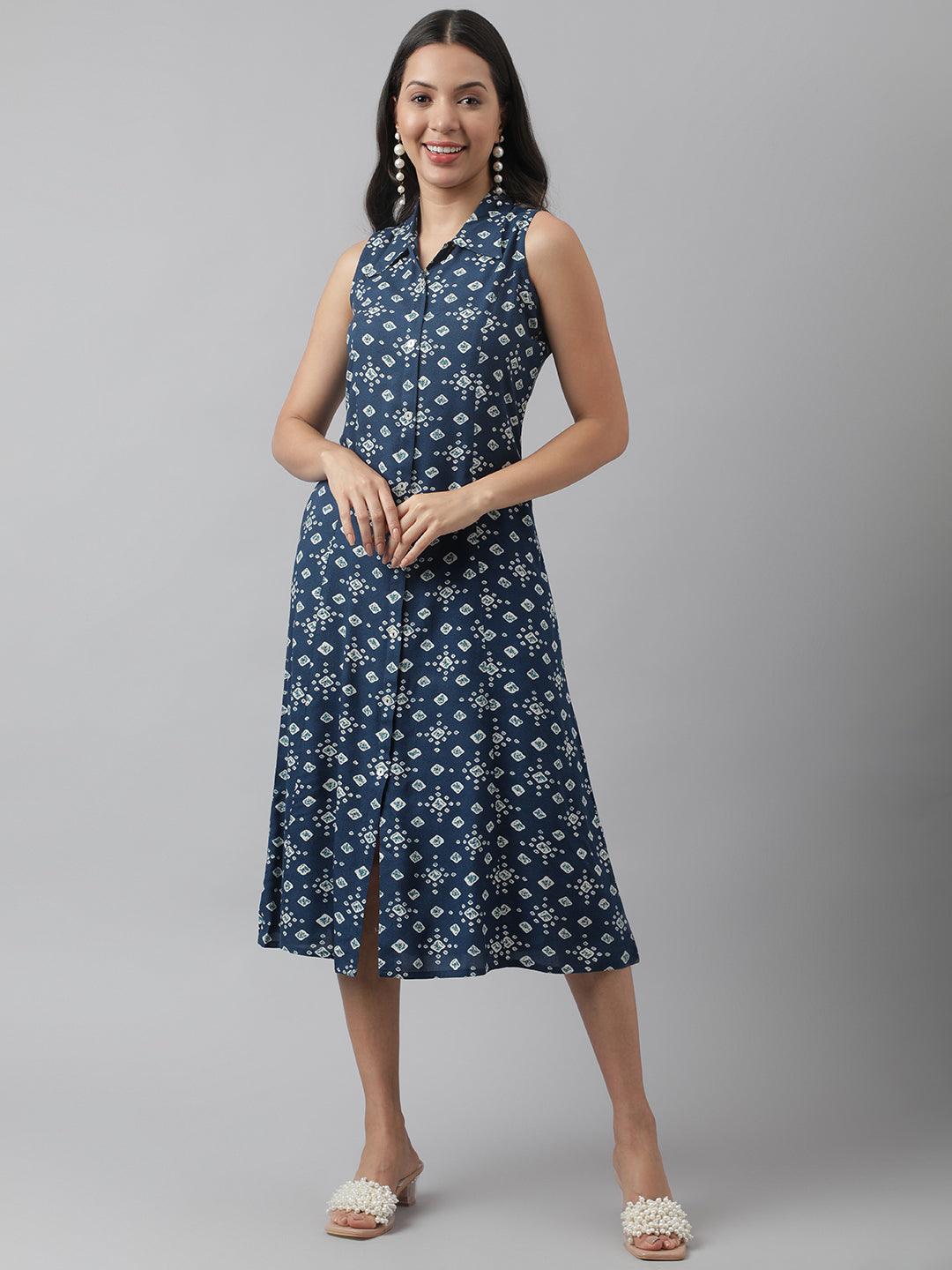 Women's Rayon Teal Blue A-Line Floral Printed Midi Dress - Taantav