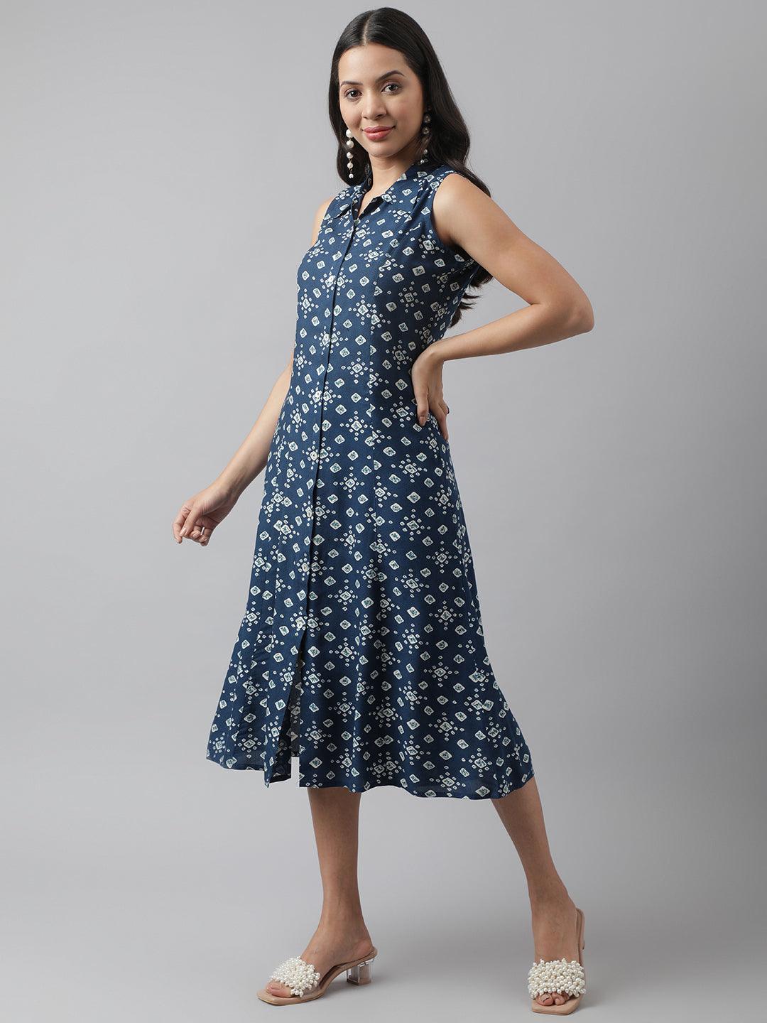 Women's Rayon Teal Blue A-Line Floral Printed Midi Dress - Taantav