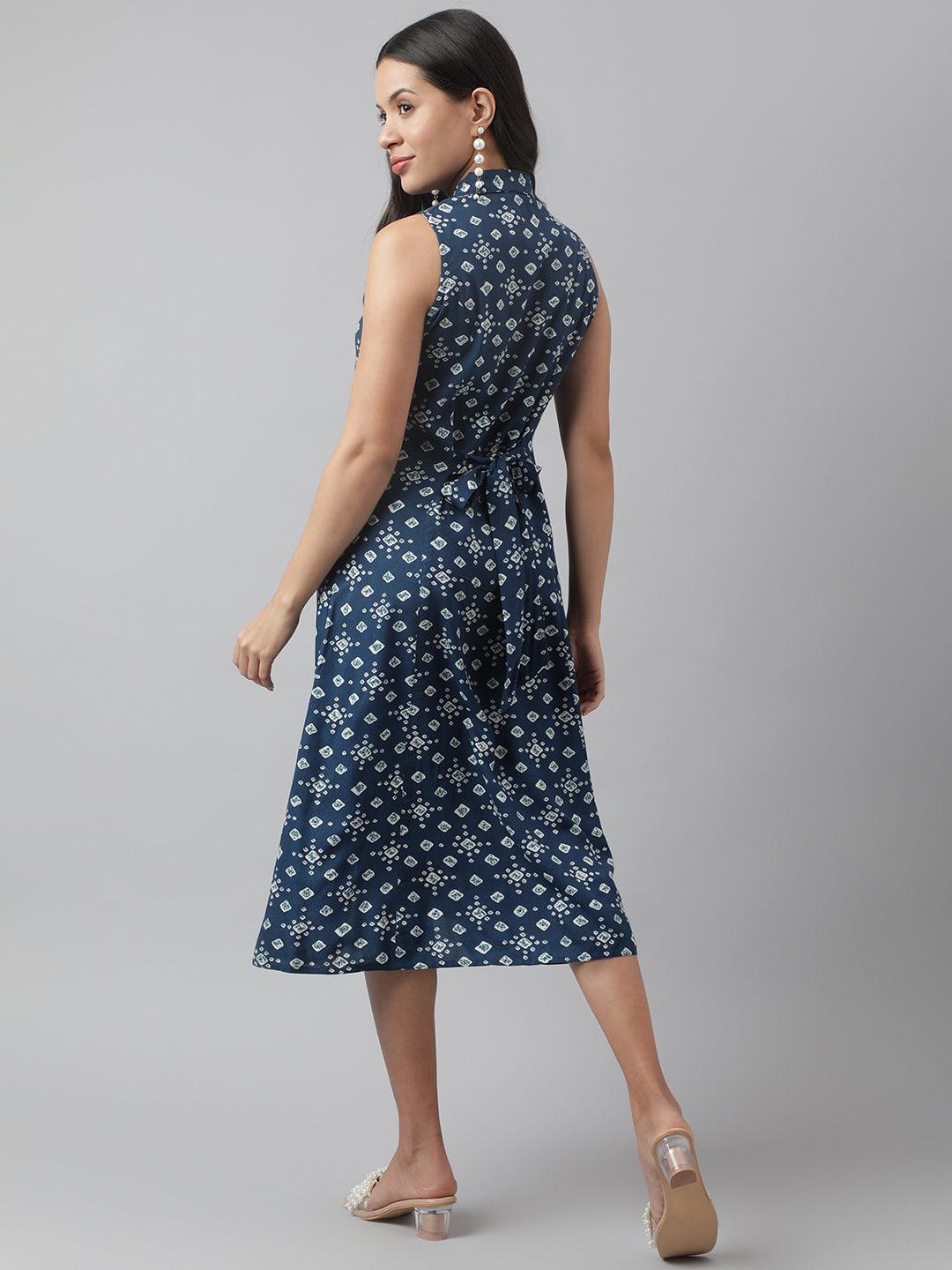 Women's Rayon Teal Blue A-Line Floral Printed Midi Dress - Taantav