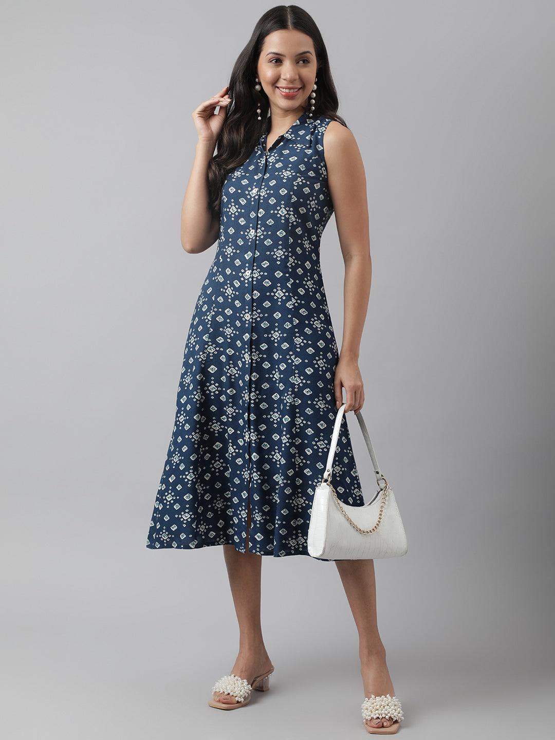 Women's Rayon Teal Blue A-Line Floral Printed Midi Dress - Taantav