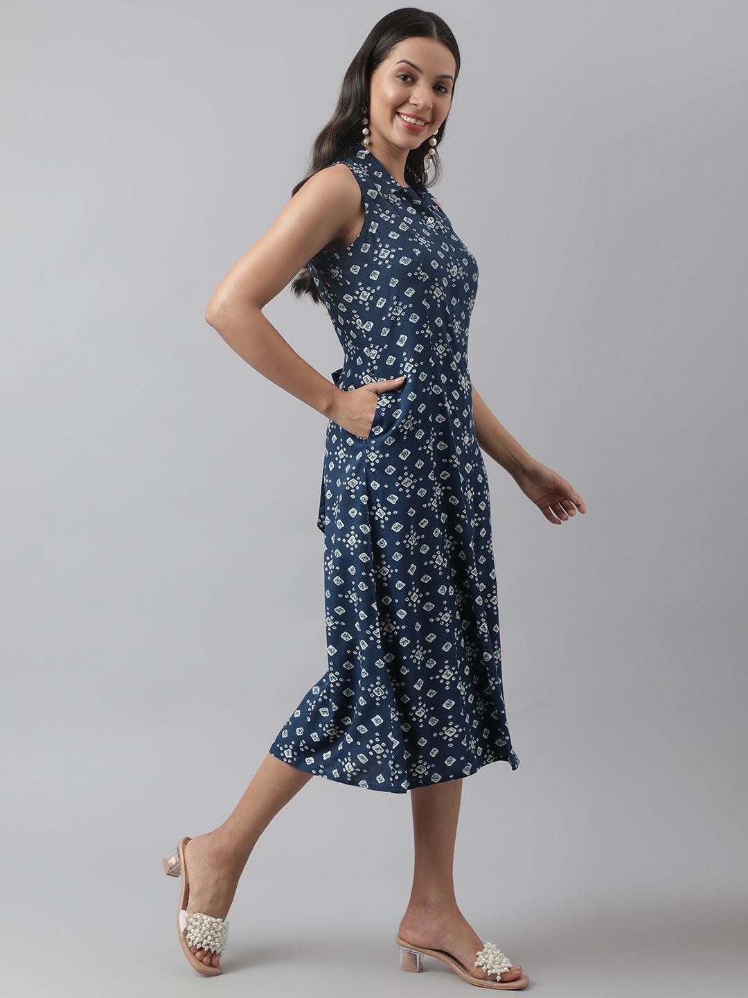 Women's Rayon Teal Blue A-Line Floral Printed Midi Dress - Taantav