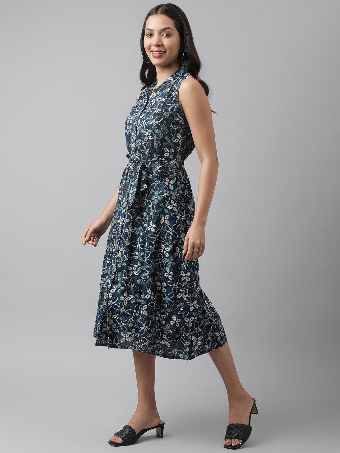 Women's Rayon Navy Blue A-Line Floral Printed Midi Dress - Taantav