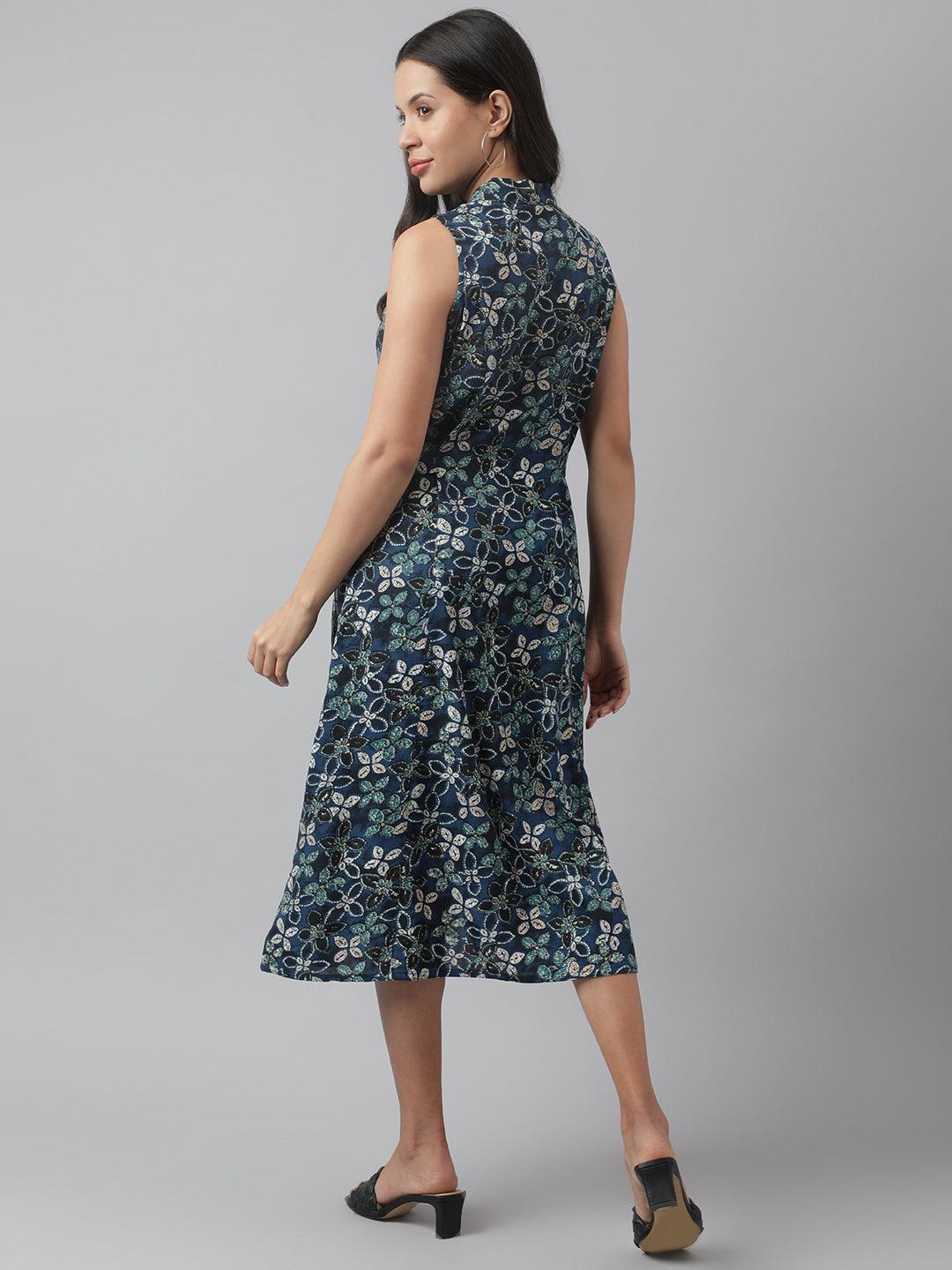 Women's Rayon Navy Blue A-Line Floral Printed Midi Dress - Taantav