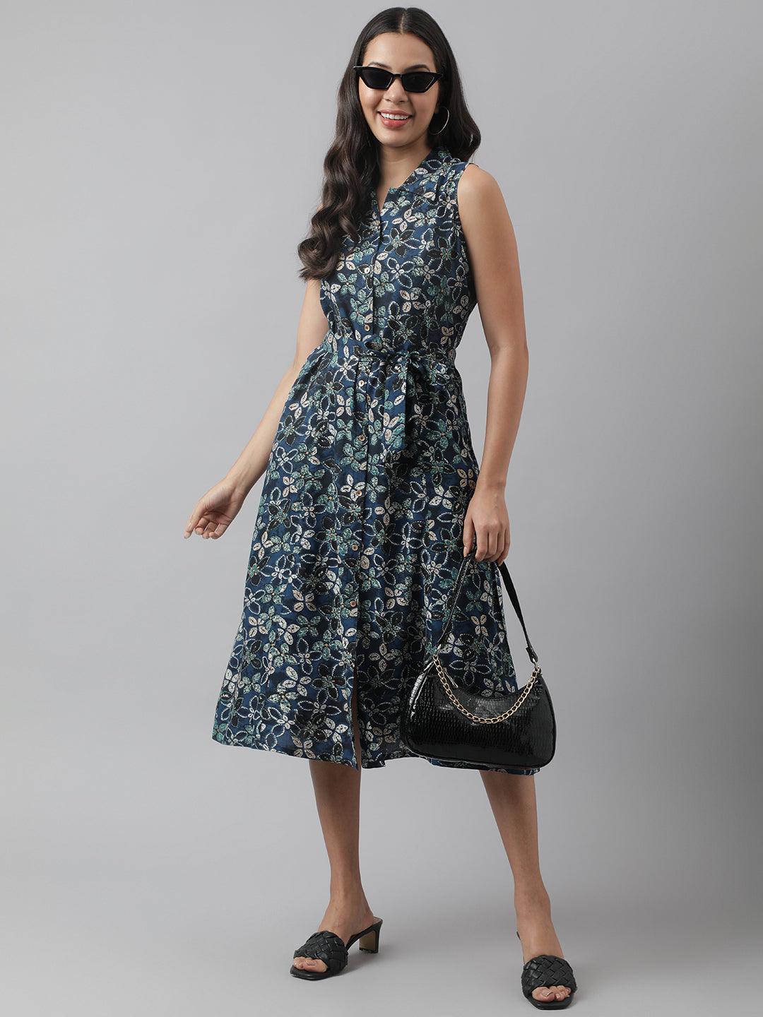 Women's Rayon Navy Blue A-Line Floral Printed Midi Dress - Taantav