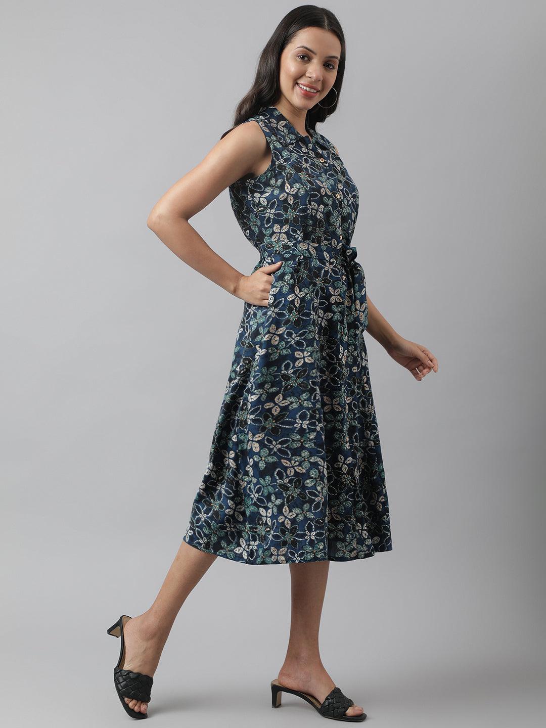 Women's Rayon Navy Blue A-Line Floral Printed Midi Dress - Taantav