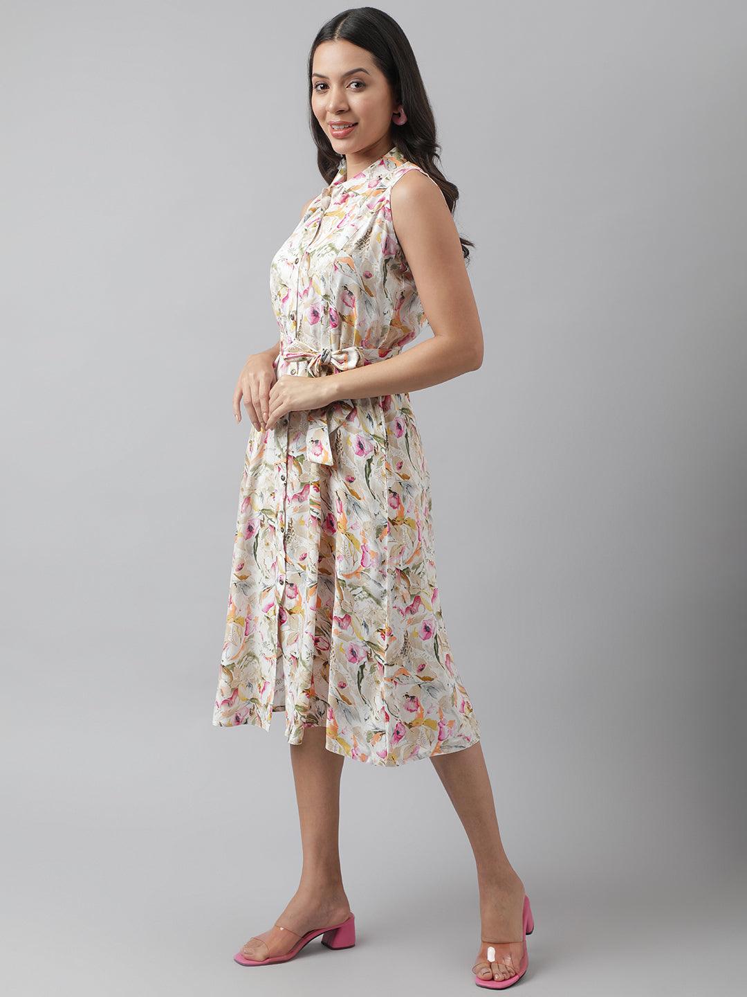 Women's Rayon Cream A-Line Floral Printed Midi Dress - Taantav