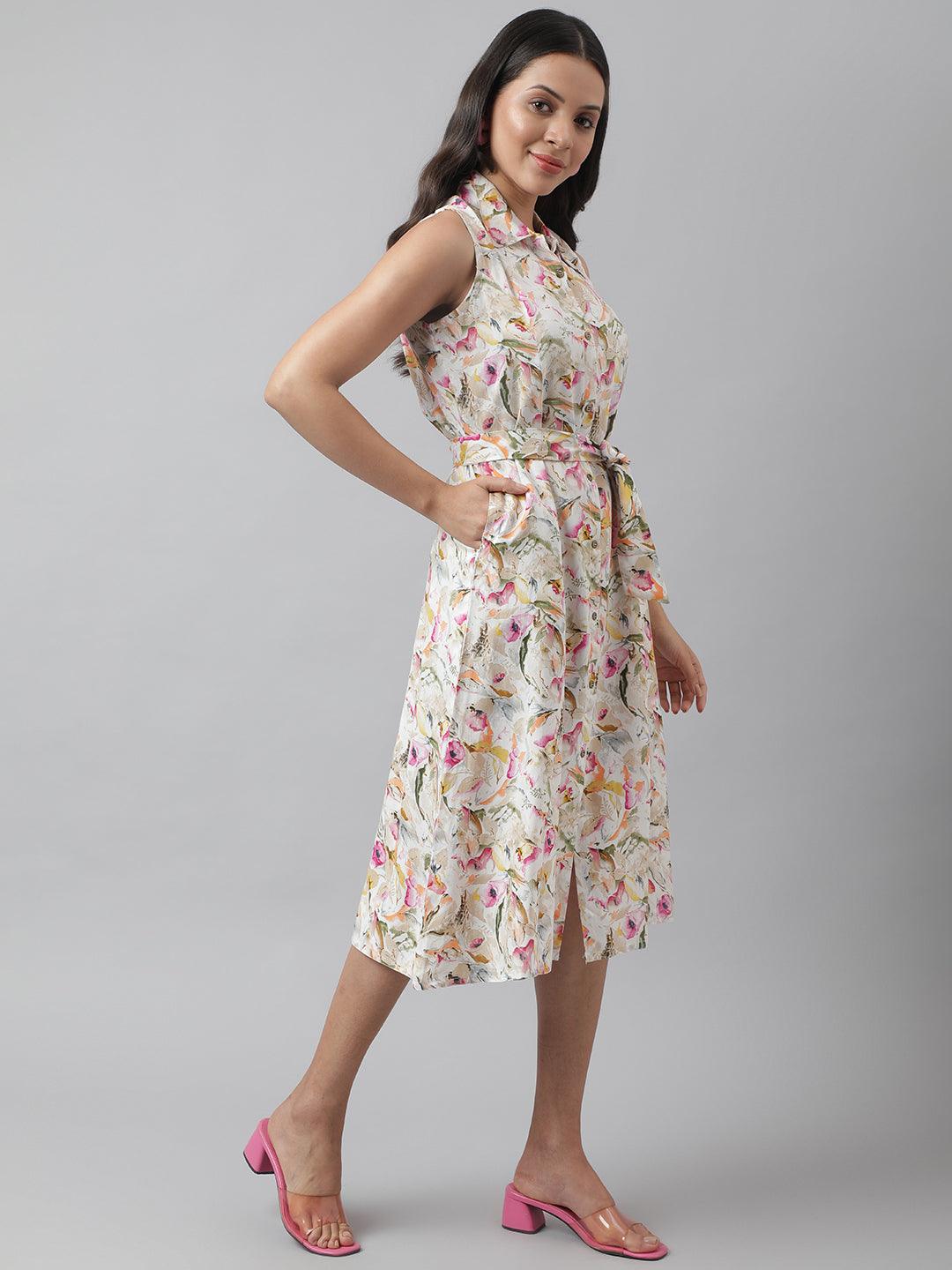 Women's Rayon Cream A-Line Floral Printed Midi Dress - Taantav