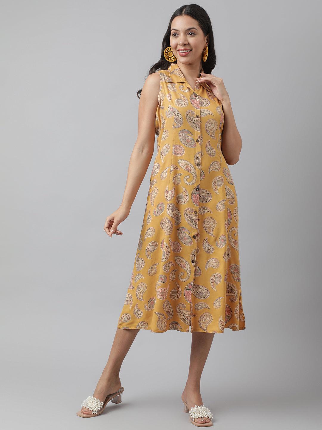 Women's Rayon Mustard A-Line Floral Printed Midi Dress - Taantav