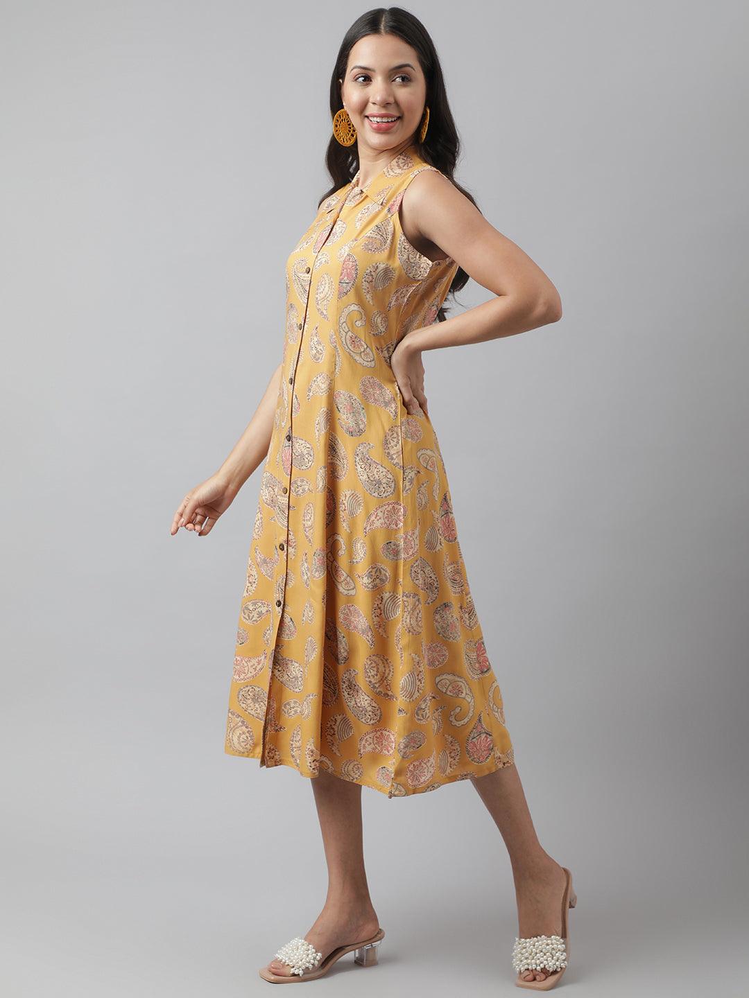 Women's Rayon Mustard A-Line Floral Printed Midi Dress - Taantav