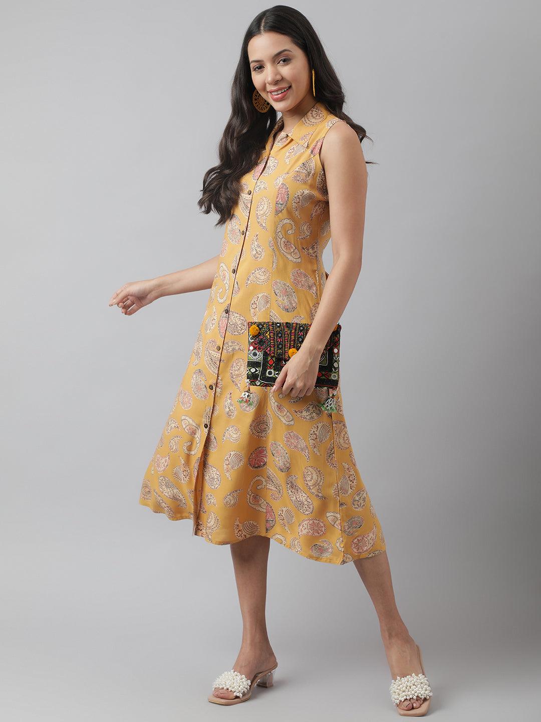 Women's Rayon Mustard A-Line Floral Printed Midi Dress - Taantav