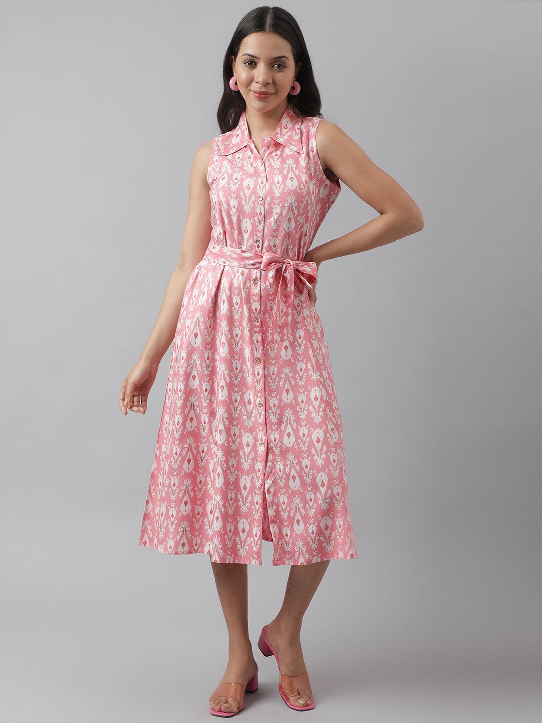 Women's Rayon Light Pink A-Line Floral Printed Midi Dress - Taantav