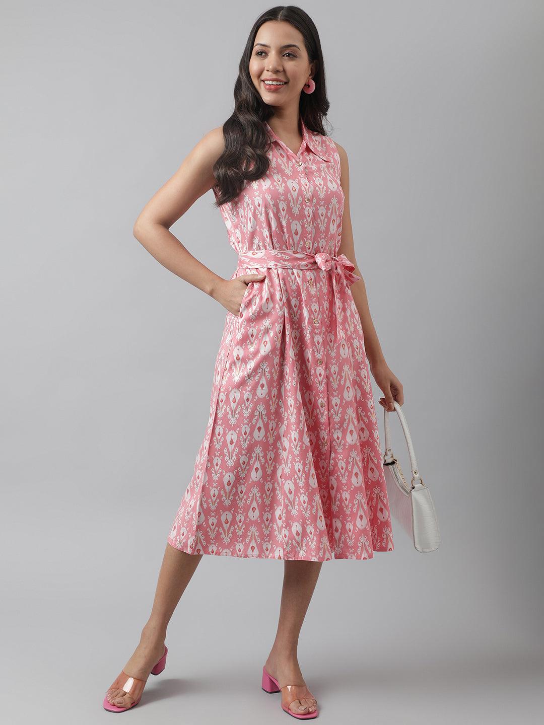 Women's Rayon Light Pink A-Line Floral Printed Midi Dress - Taantav