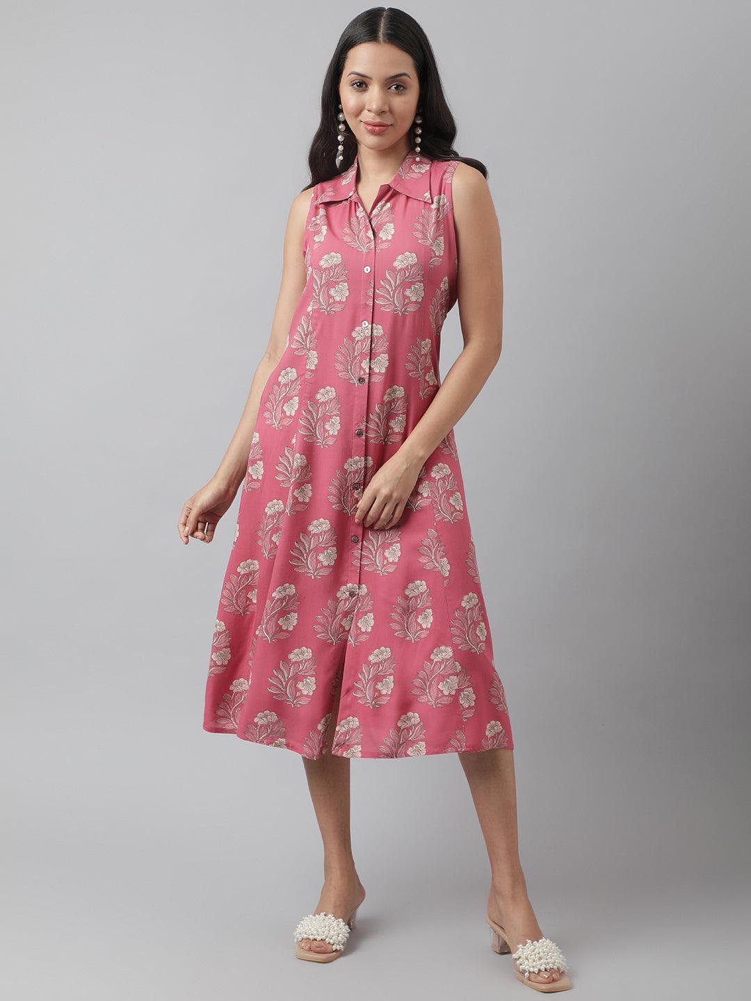 Women's Rayon Rose Pink A-Line Floral Printed Midi Dress - Taantav